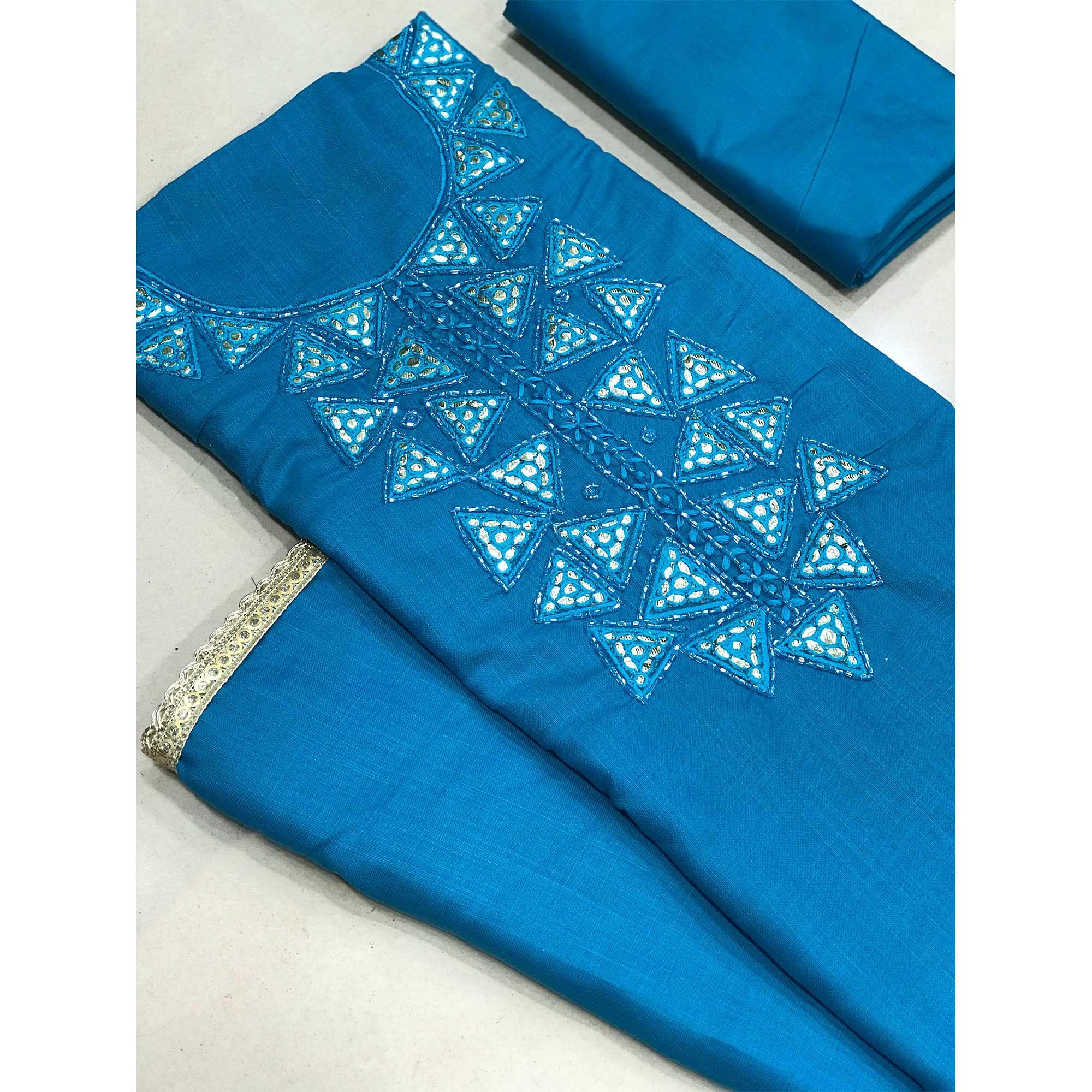 Peachmode Blue Zardosi Embroidered Cotton Dress Material - view 4