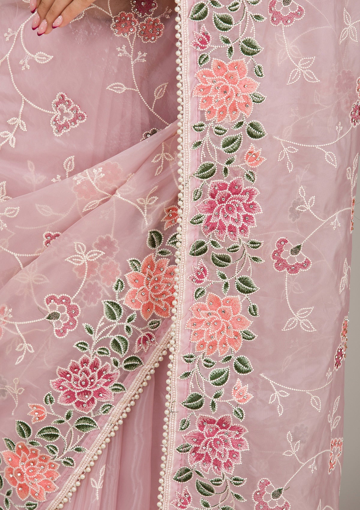 Koskii Onion Pink Threadwork Organza Saree – Women's - view 7