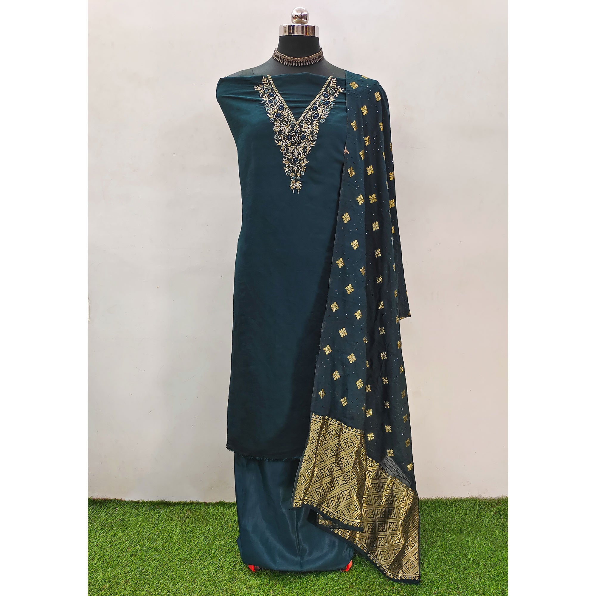 Peachmode Teal Green Beads Embroidered Viscose Dress Material - view 3