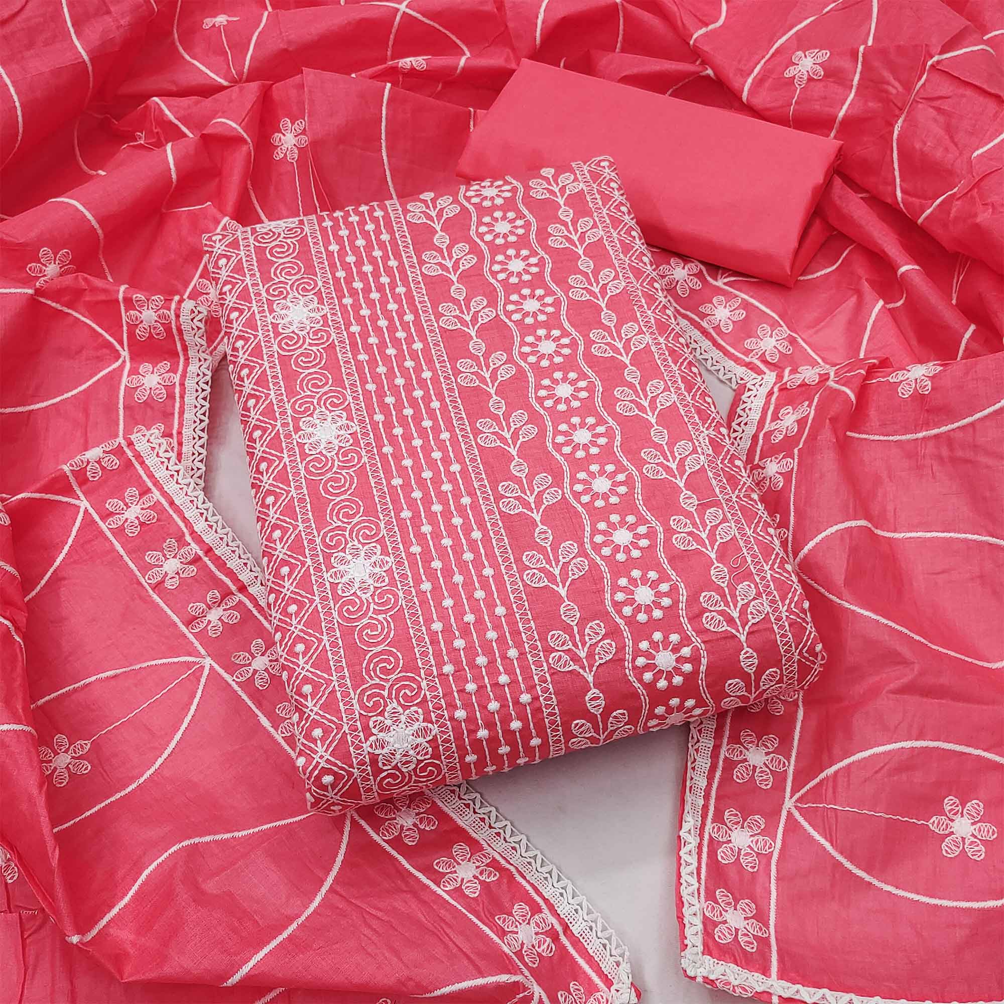 Peachmode Gajari Pink Floral Embroidered Pure Cotton Dress Material
