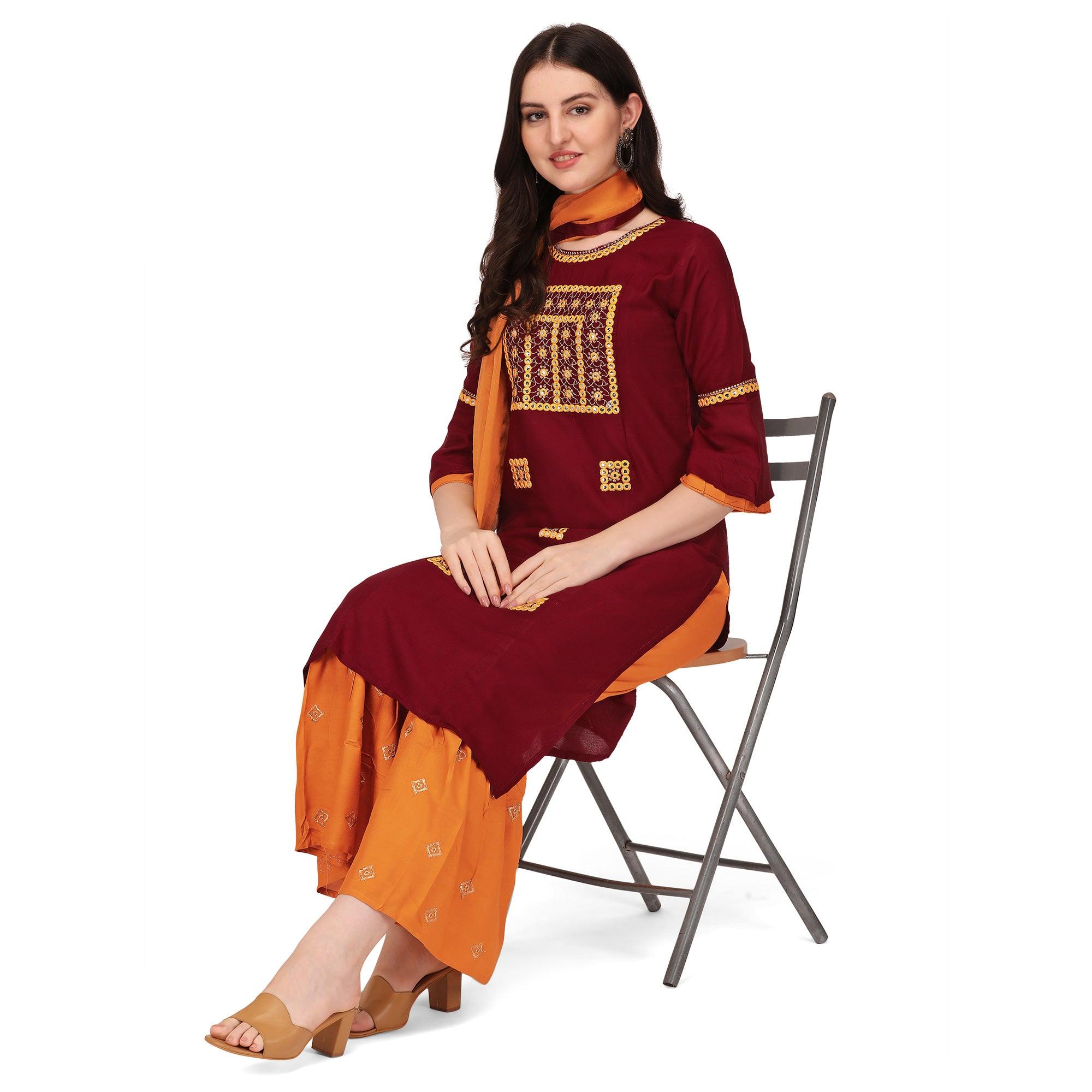 Peachmode Seller Maroon Embroidered Rayon Palazzo Suit - view 6
