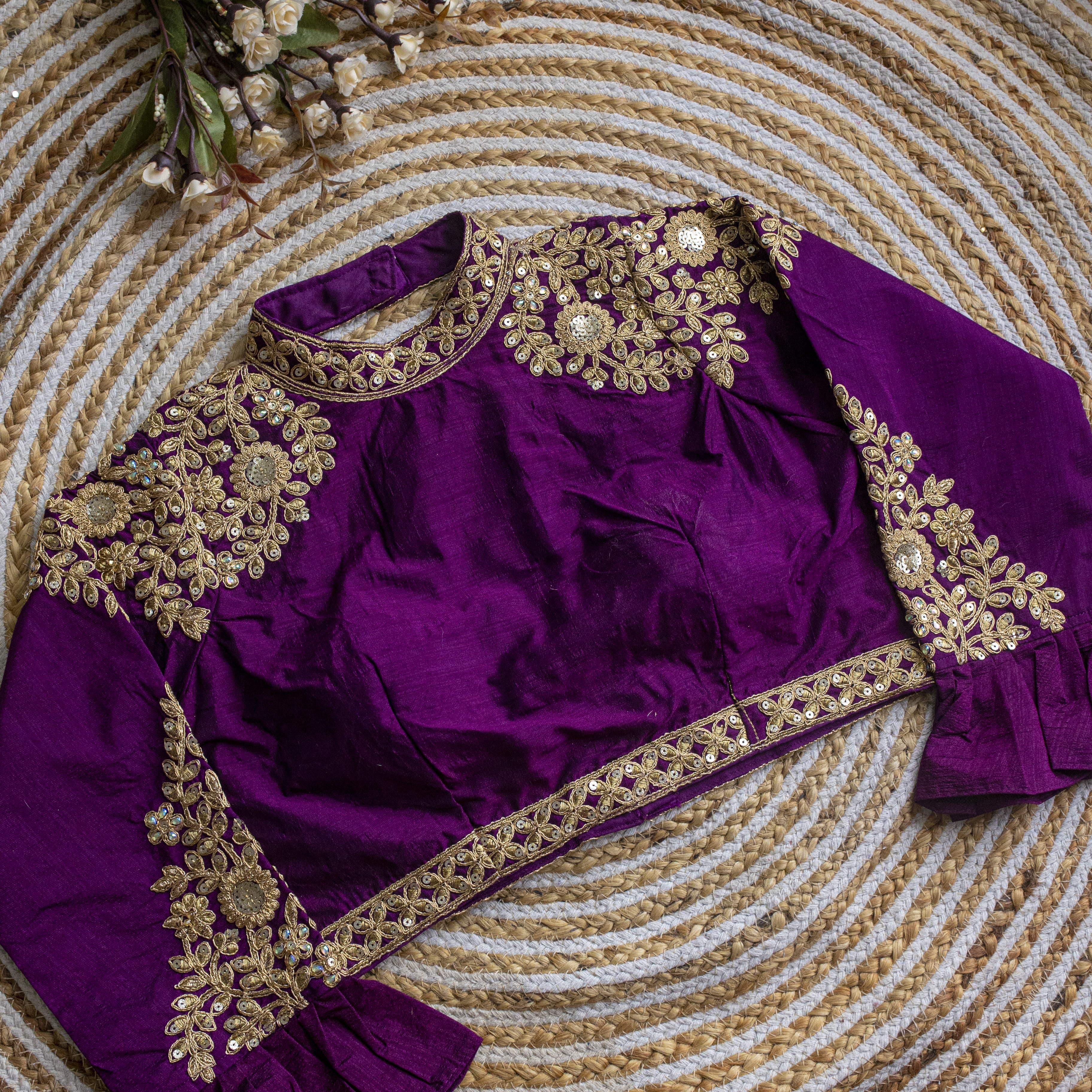 ClothsVilla Purple Golden Sequence Embroidered Blouse in glossy silk