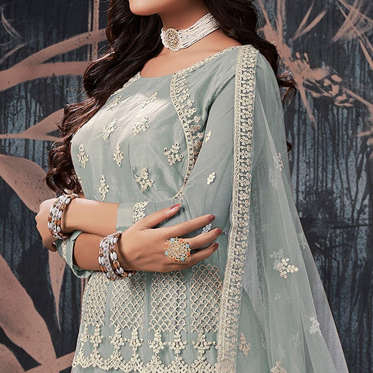 Peachmode Seller Grey Partywear Embroidery With Embellished Net Gown - view 2