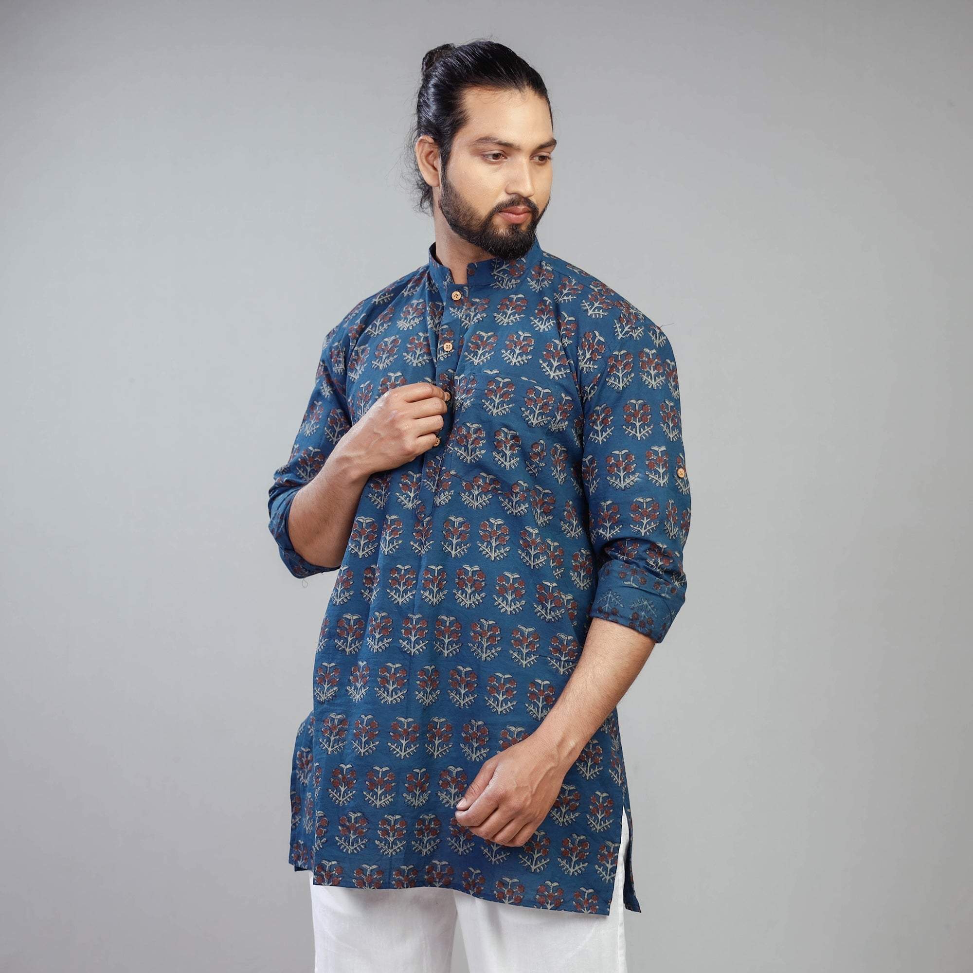 ITOKRI CASUALS Blue - Akola Block Printed Cotton Men Short Kurta - view 3