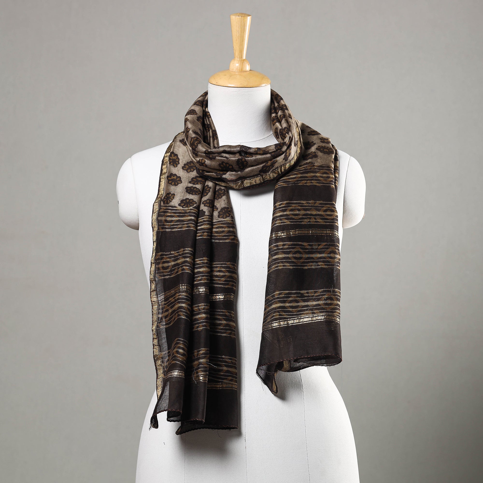 HAVELI CHRONICLES Brown - Akola Block Printed Chanderi Silk Handloom Stole with Zari Border
