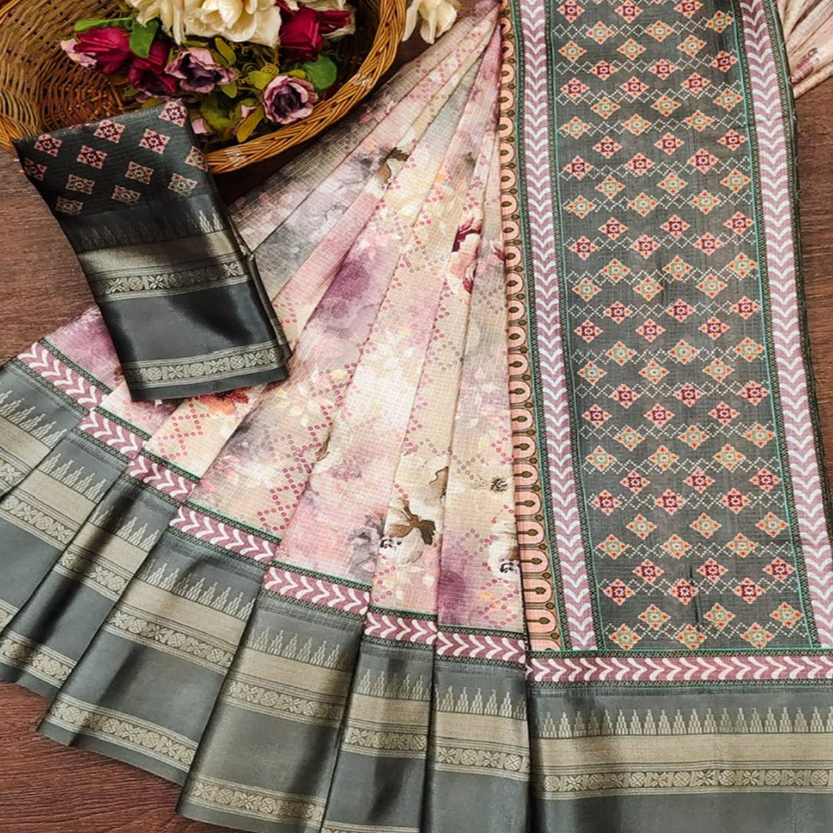 Peachmode Light Grey Floral Digital Printed Cotton Silk Saree - view 2