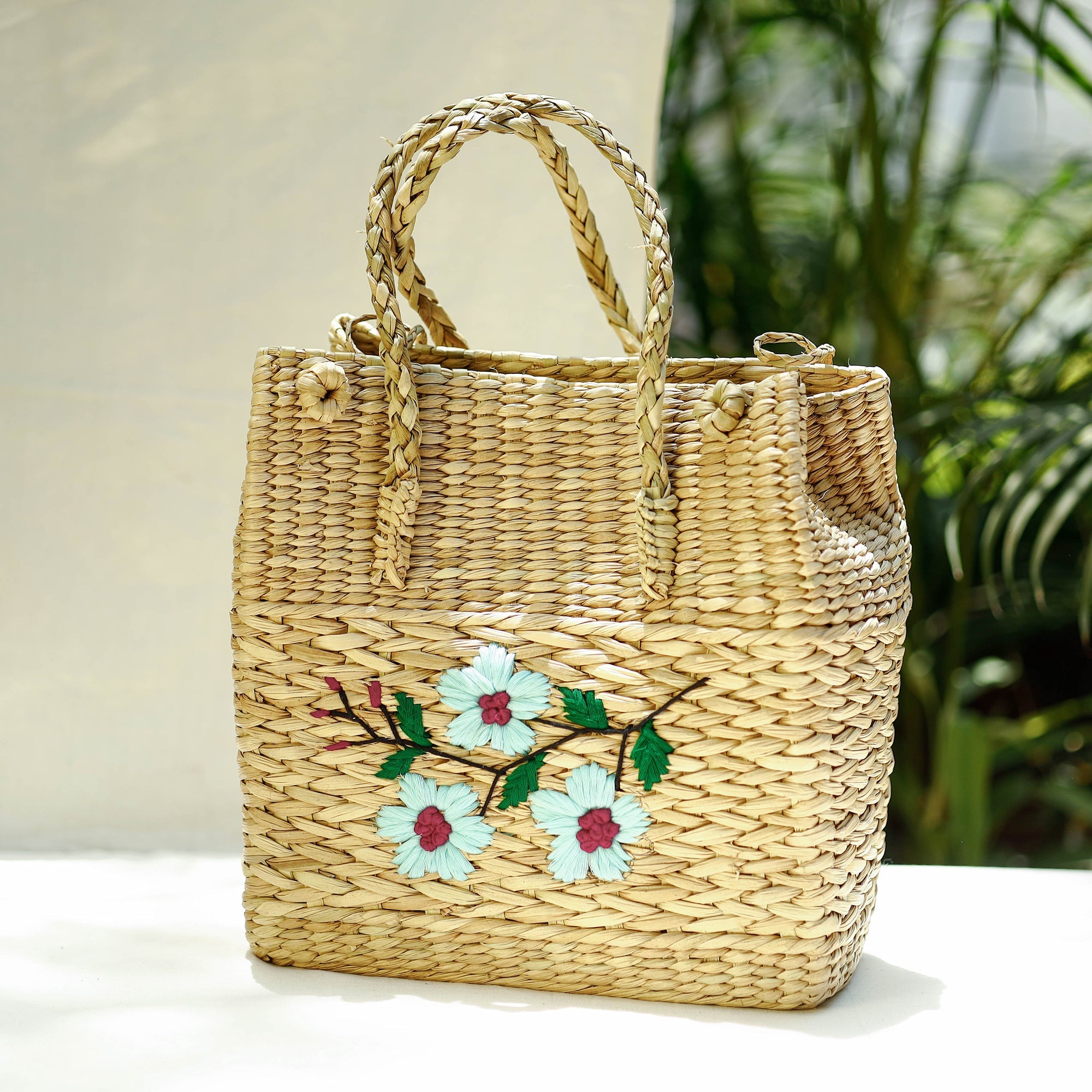 ITOKRI CRAFTS INITIATIVE Beige - Handcrafted Natural Water Reed Embroidered Shopping Bag