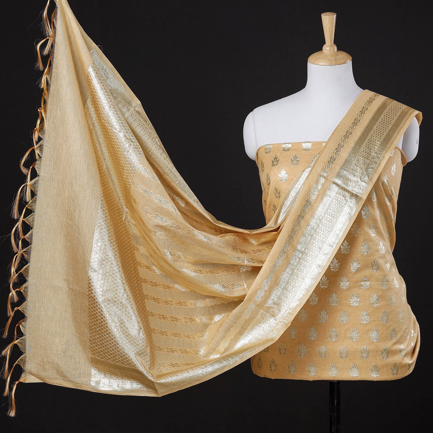ITOKRI CRAFTS INITIATIVE Beige - 3pc Cotton Zari Banarasi Dress Material