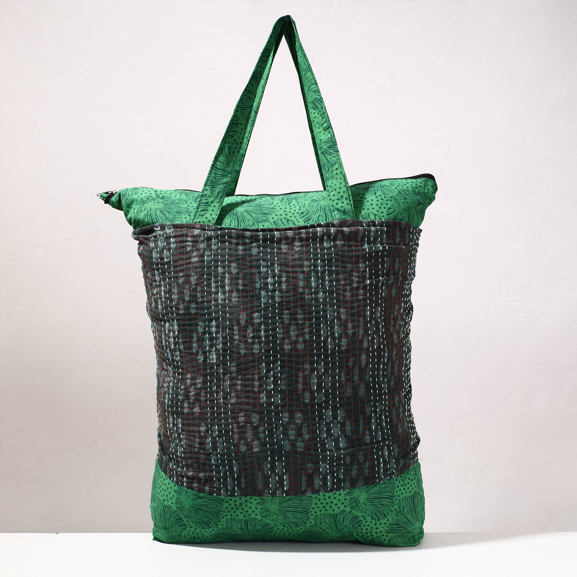 ARTISAN HAND BLOCK PRINTS Black - Kantha Work Block Print Cotton Shopping Bag