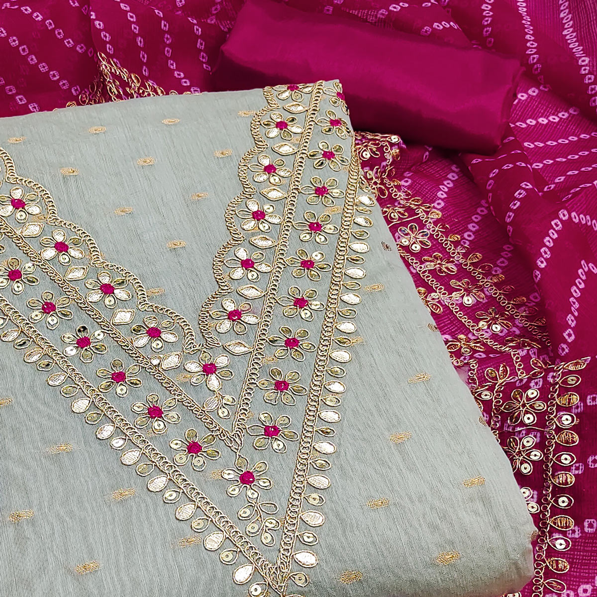 Peachmode Grey Woven With Sequins Embroidered Modal Chanderi Silk Dress Material - view 2