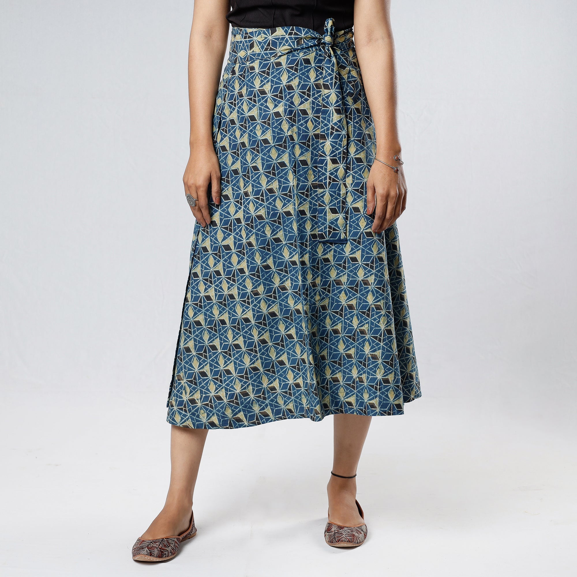 NOORI BAZAR Blue - Ajrakh Block Printed Cotton Wrap Around Skirt