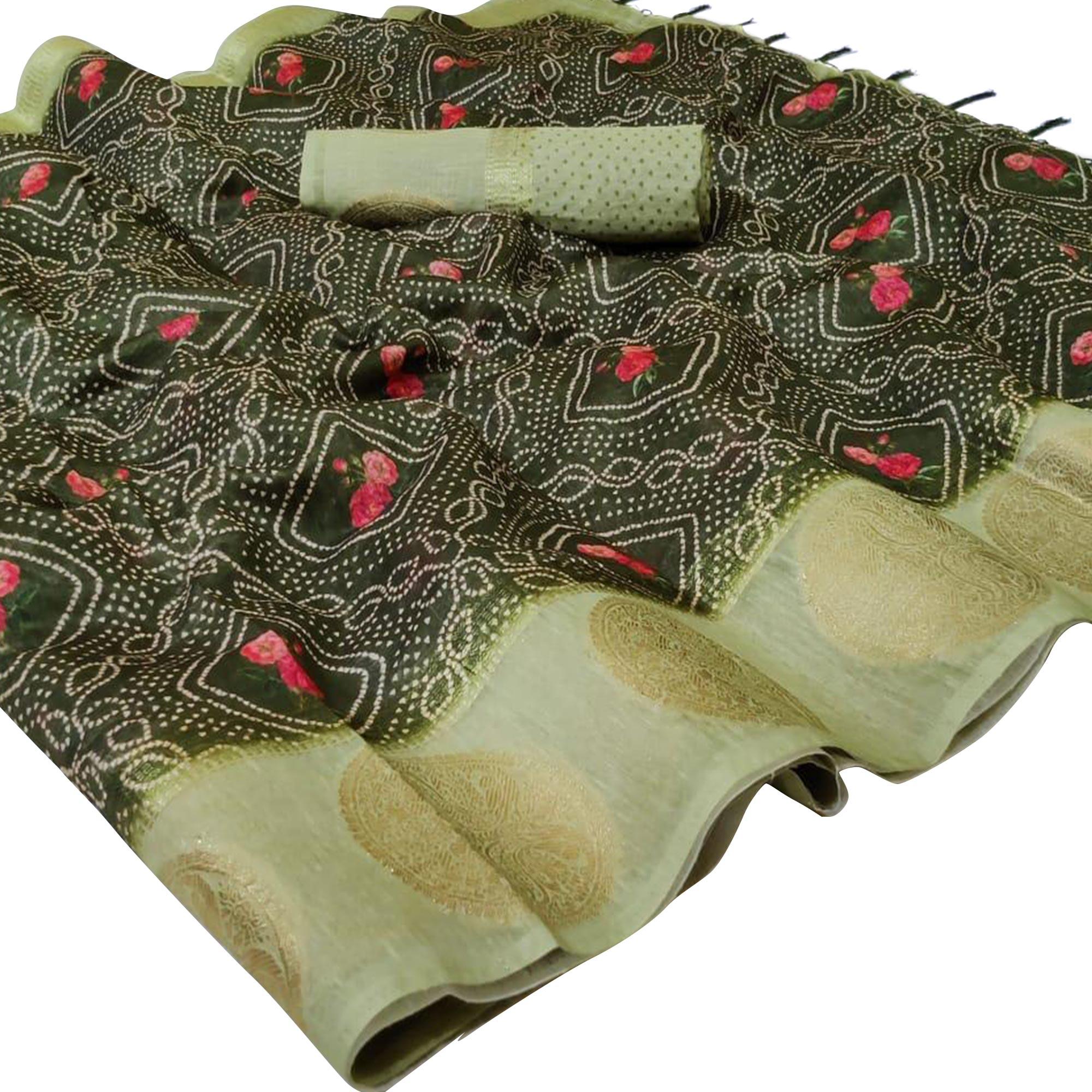 Peachmode Delightful Mehendi Green Colored Festive Wear Woven Silk Saree