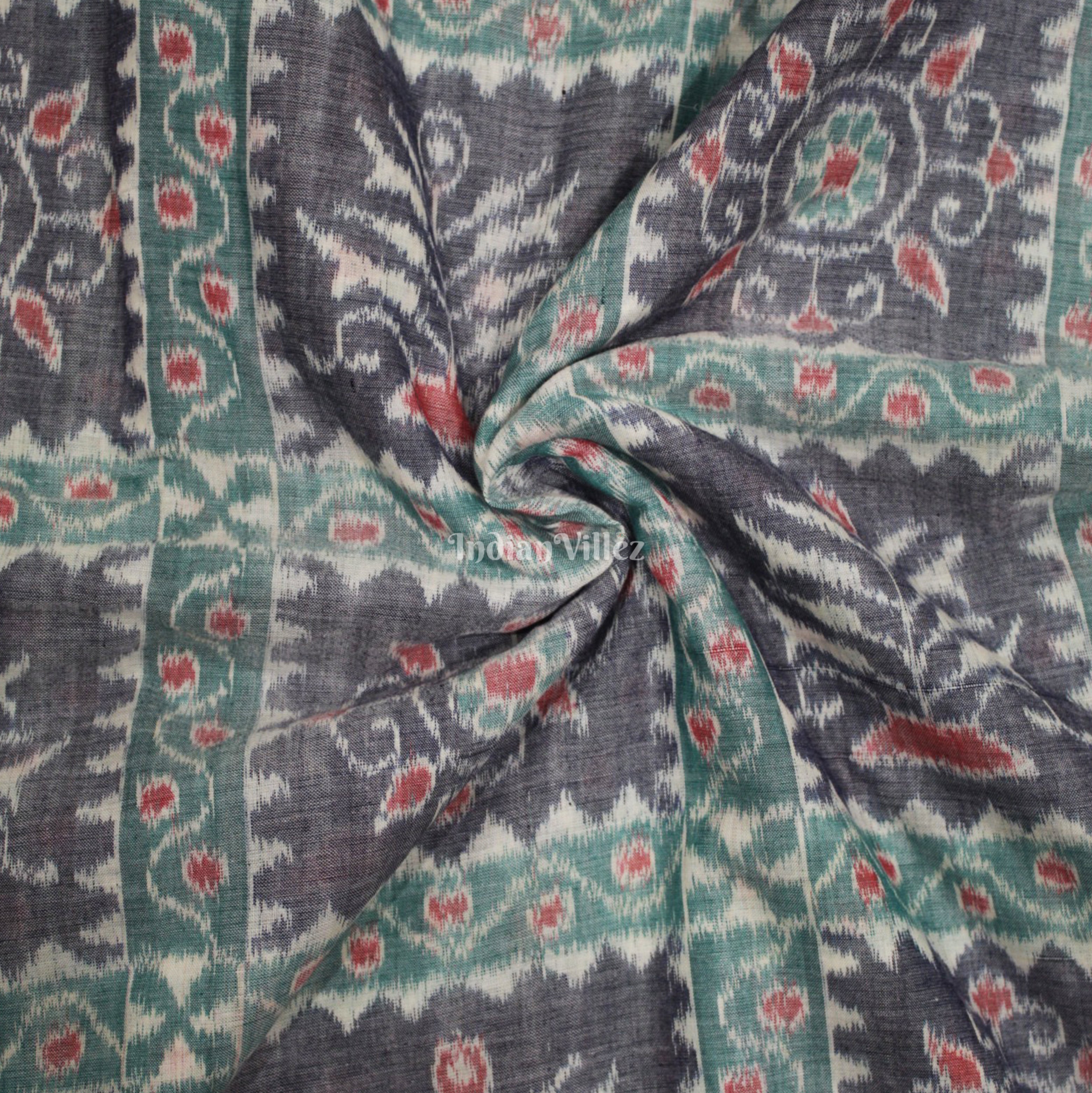 IndianVillèz Green Blue Tree Design Sambalpuri Ikat Cotton Fabric