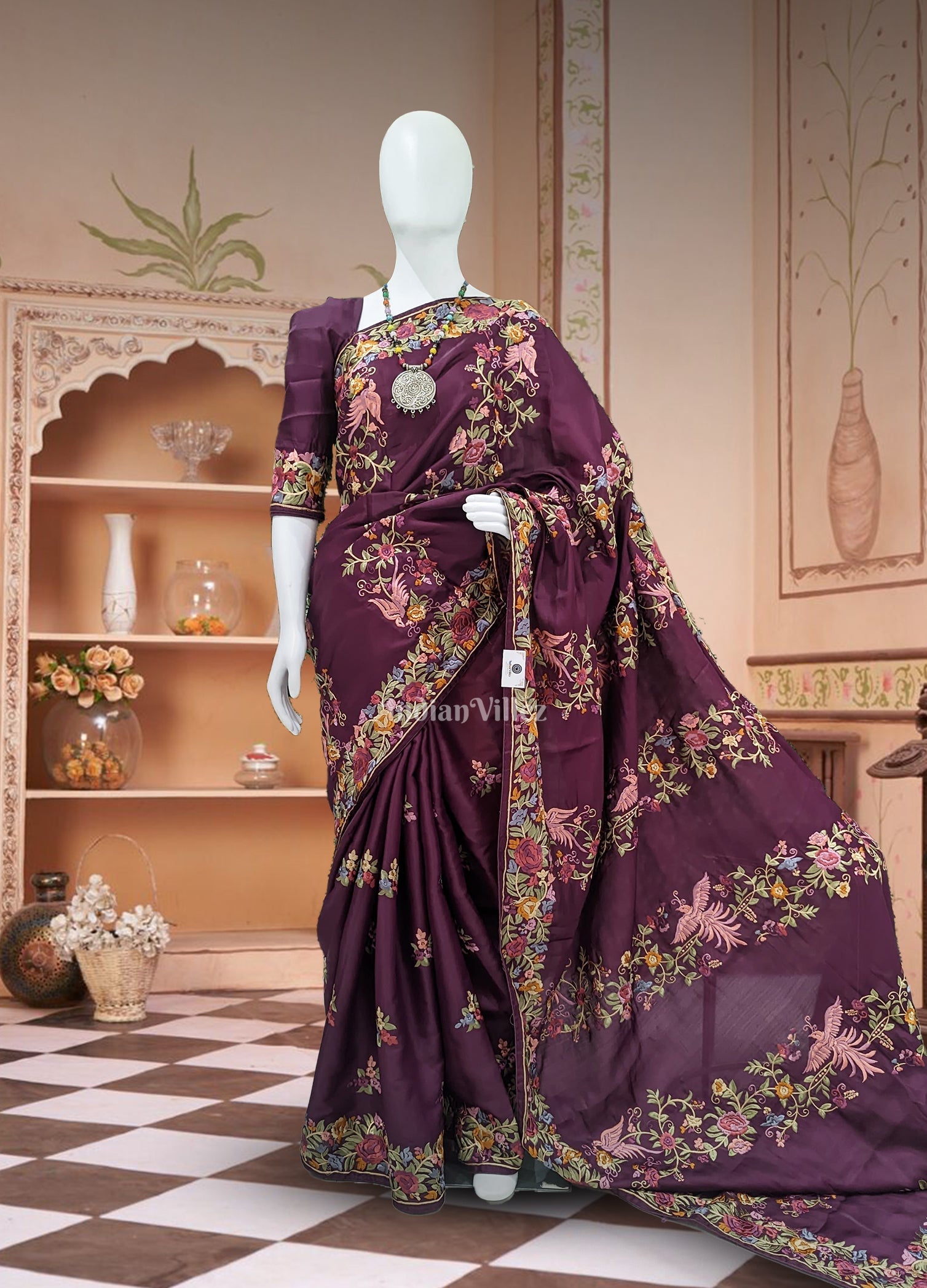 IndianVillèz Maroon Parsi Gara Floral Motif Hand Embroidered Saree
