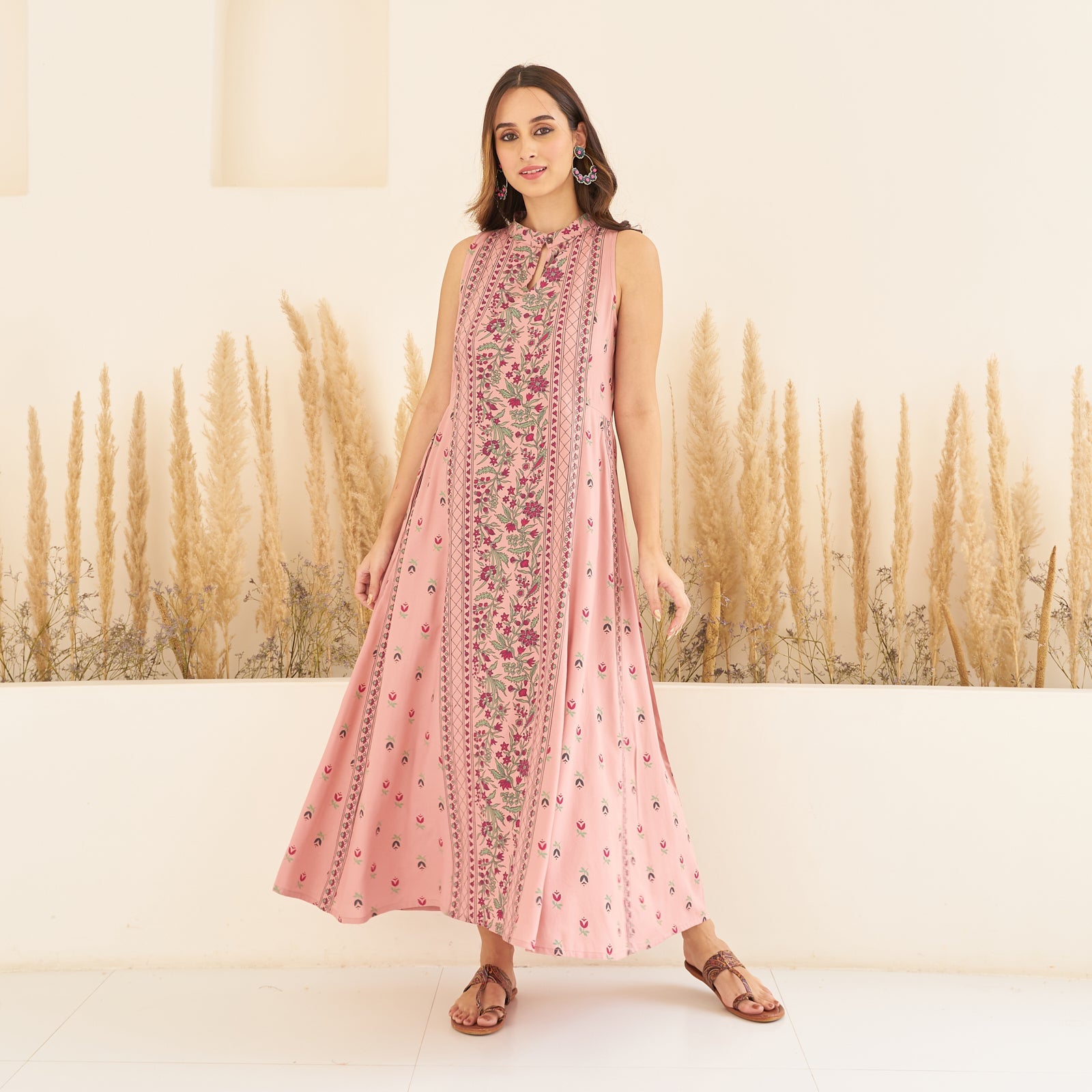 BlackTree Baby Pink Floral Mandarin Collar Dress