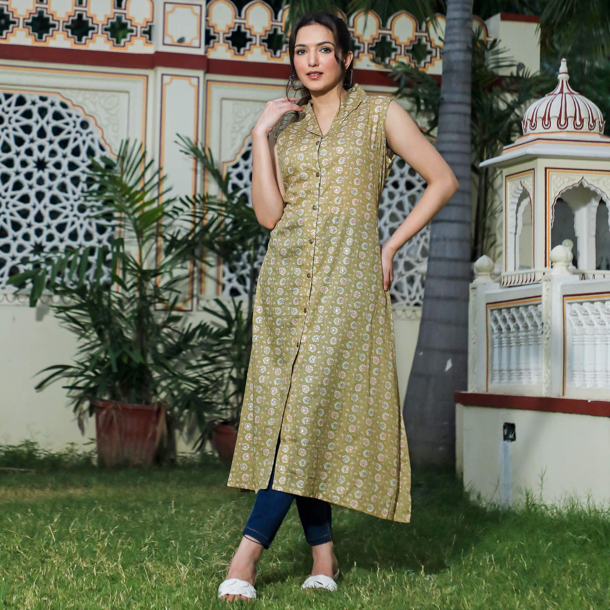 BlackTree green-floral-foil-printed-pure-cotton-dress - view 2