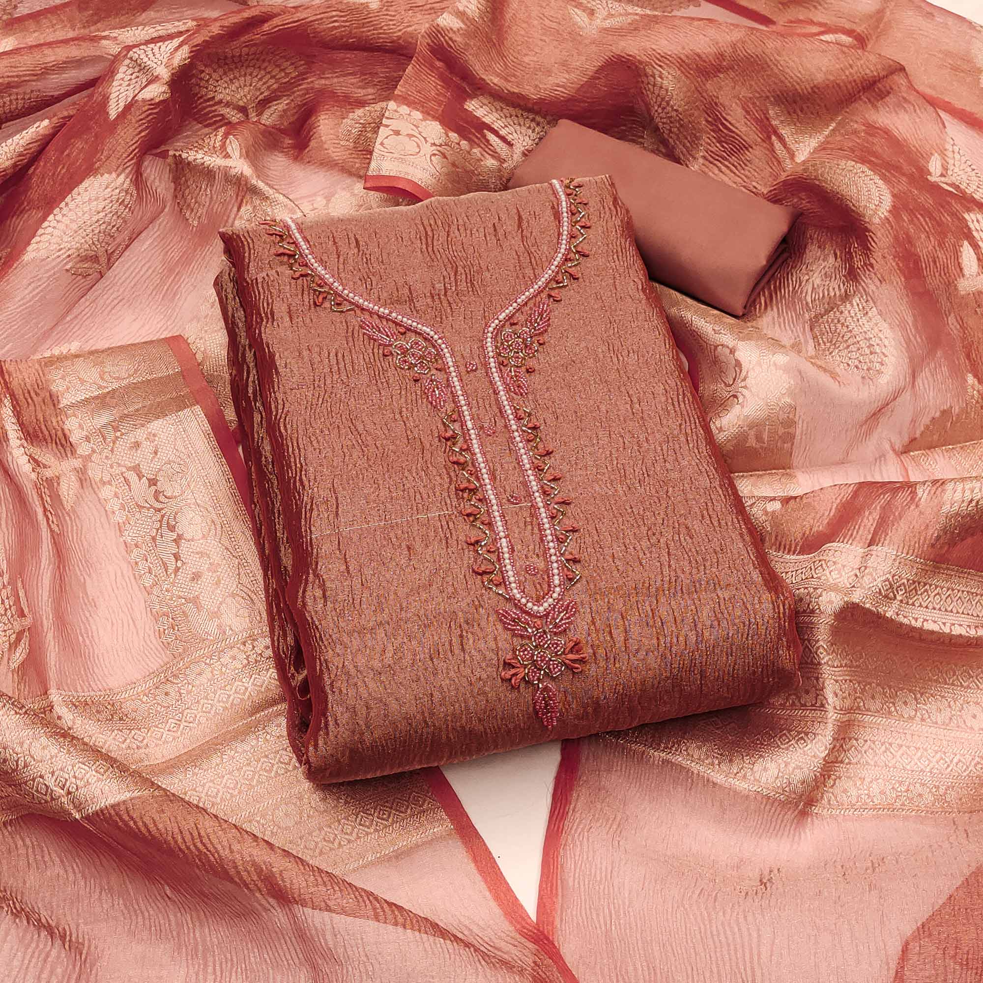 Peachmode Dark Peach Woven With Handwork Crush Tissue Dress Material
