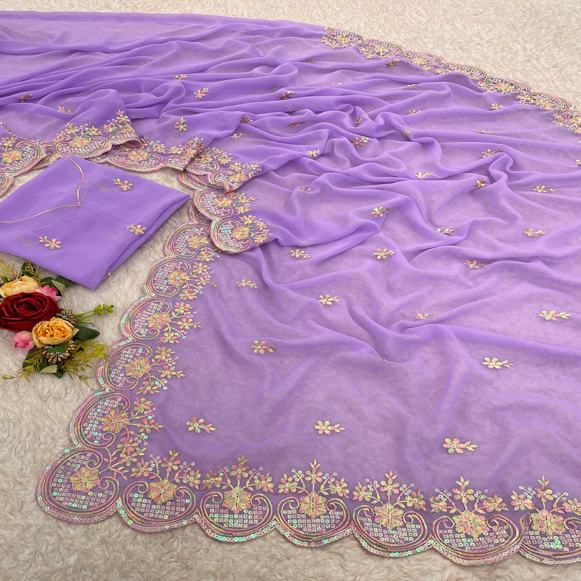 Peachmode Lavender Floral Sequins Embroidered Georgette Saree