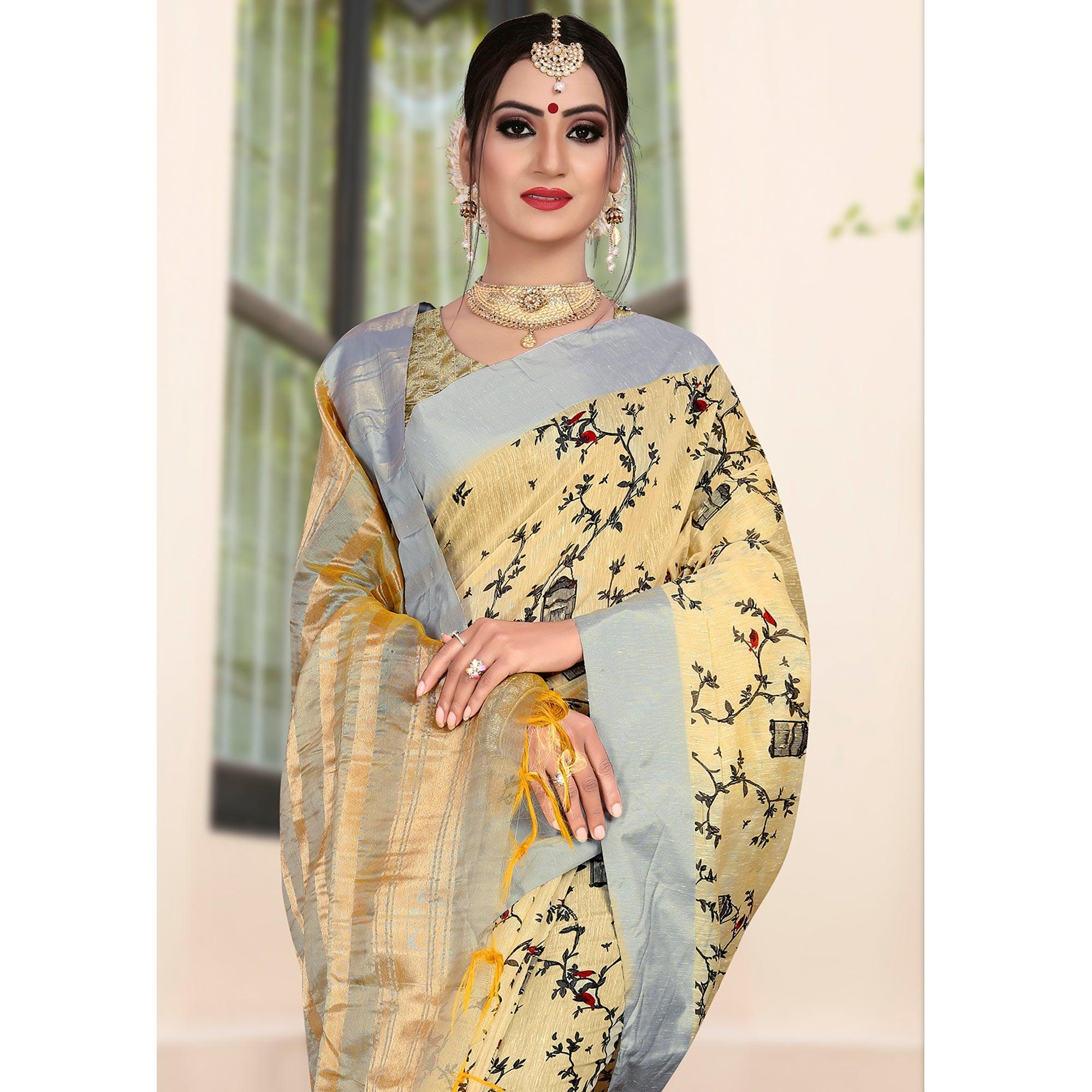 Peachmode Elegant Light Yellow Colored Casual Printed-Woven Linen Saree With Tassels - view 3