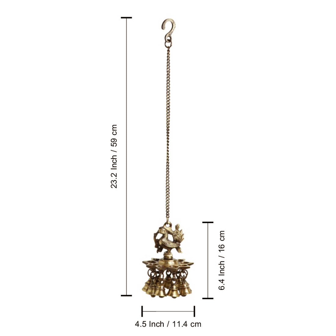 EXCLUSIVELANE 'Paradise Peacock' Hand-Etched Decorative Hanging Diya with Bell In Brass (9 Diyas & Bells) - view 5