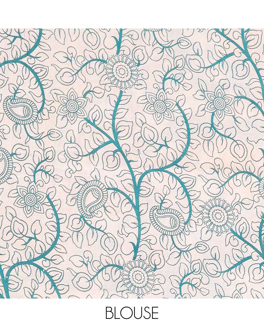 Pothys Red floral vine machine-printed kalamkari cotton saree, contrast tree motifs border & peacock pallu - view 2