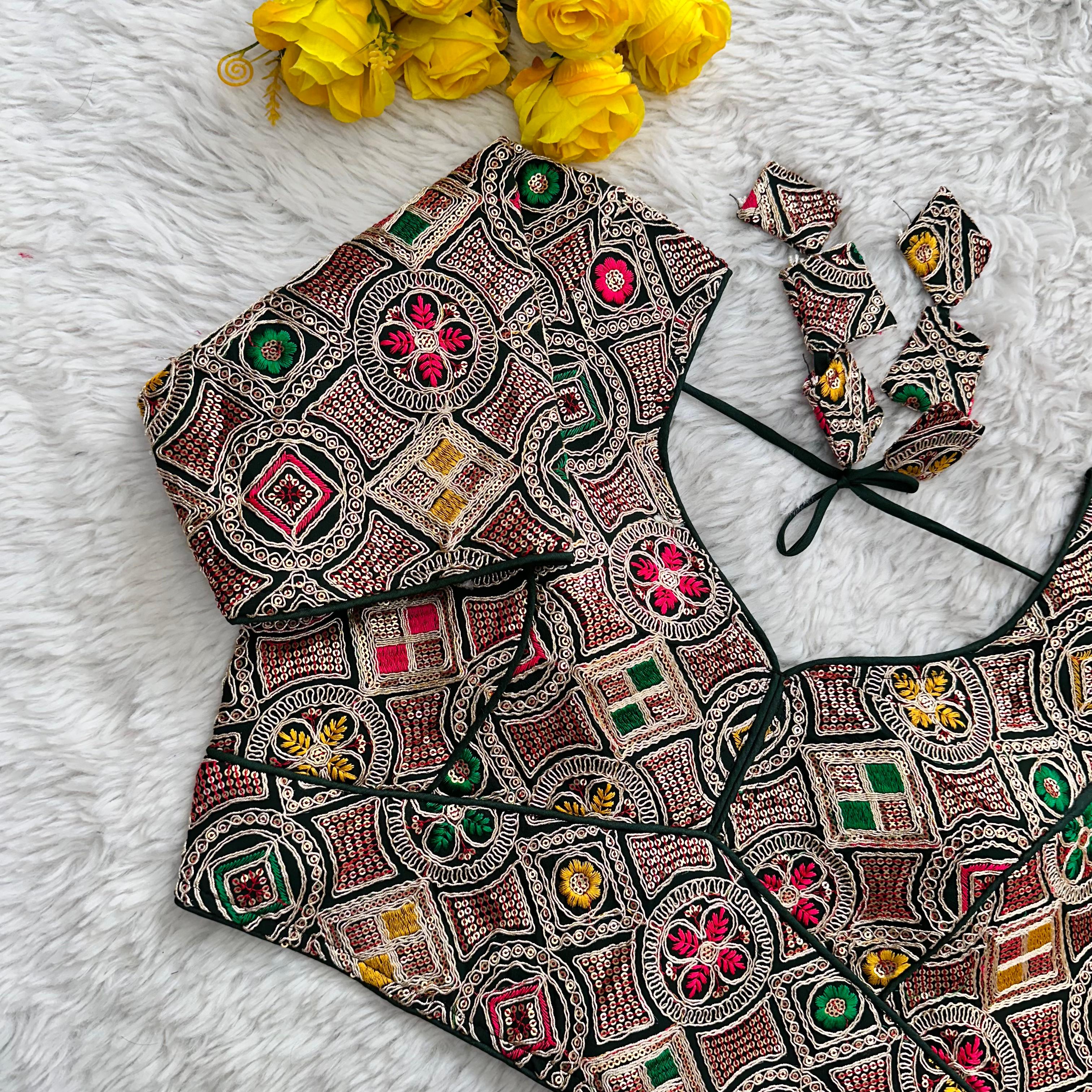ClothsVilla Green Heavy Cording Work Pure Georgette Blouse with Multicolor Embellishments - view 2