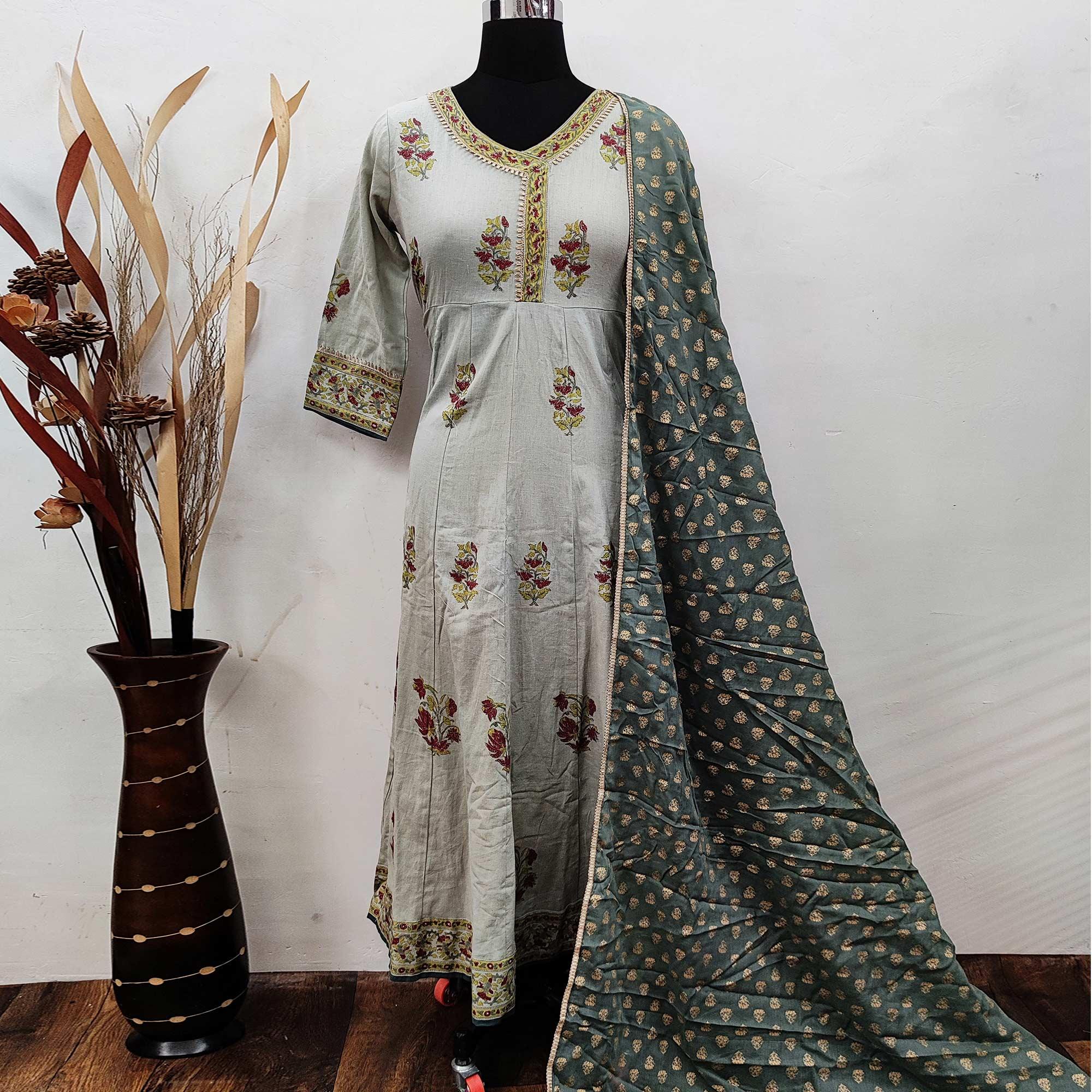 Peachmode Desirable Grey Colored Party Wear Floral Printed Cotton Anarkali Kurti With Dupatta