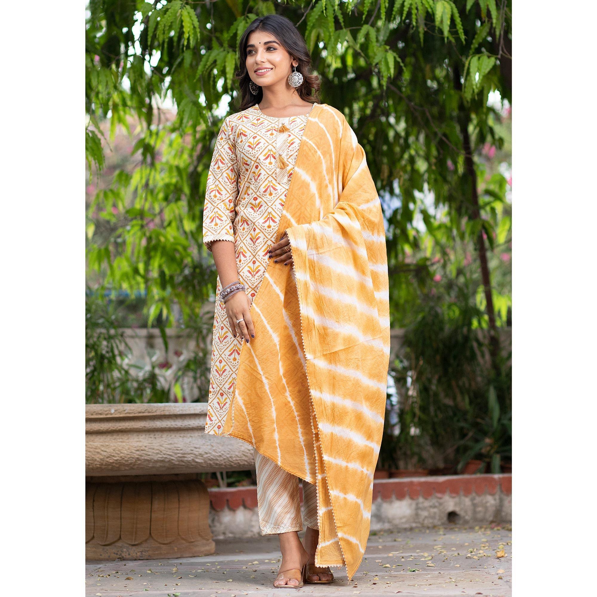 Peachmode Cream Floral Printed Pure Cotton Kurti Pant Set With Dupatta - view 11