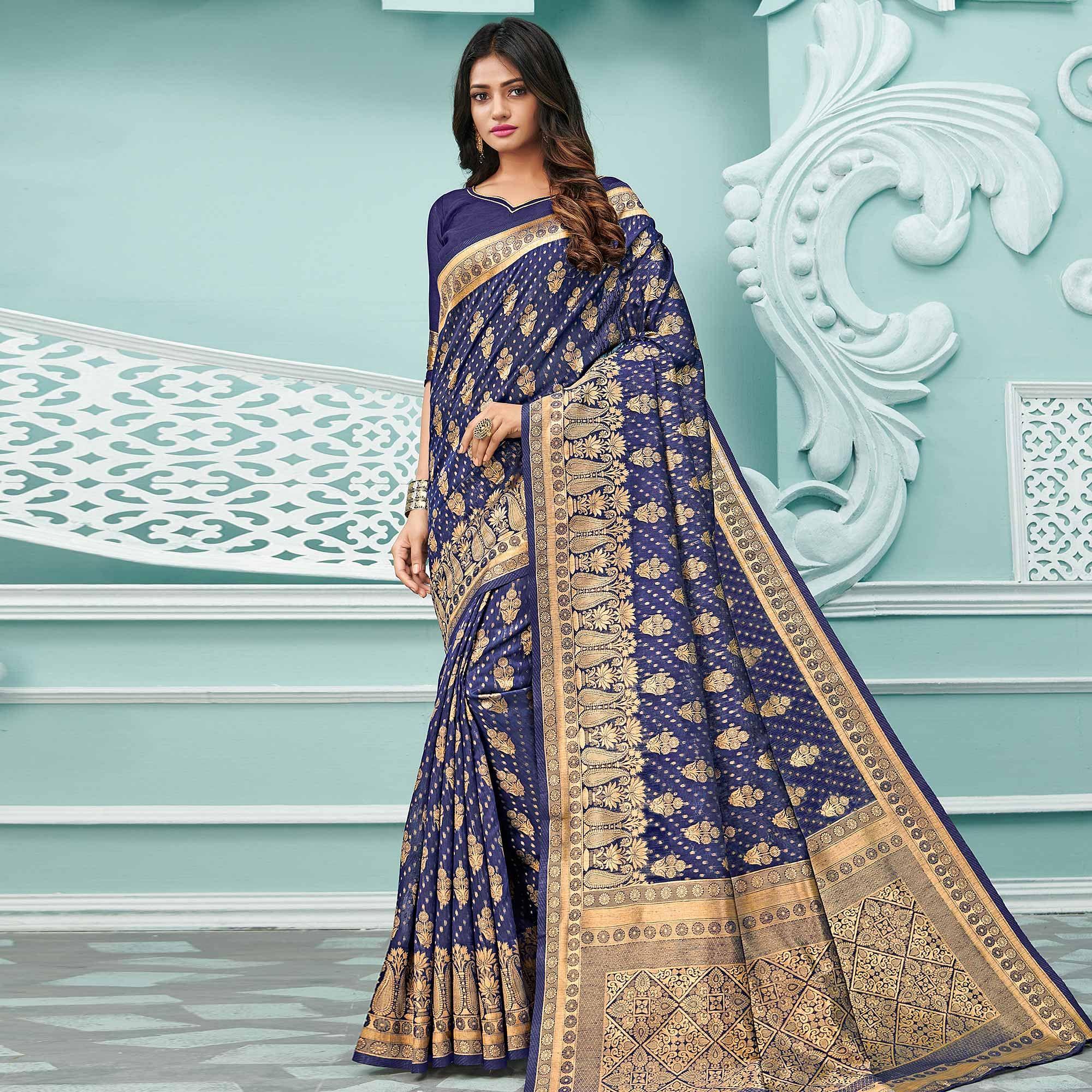 Peachmode Eye-catching Navy Blue Colored Festive Wear Woven Cotton Handloom Saree