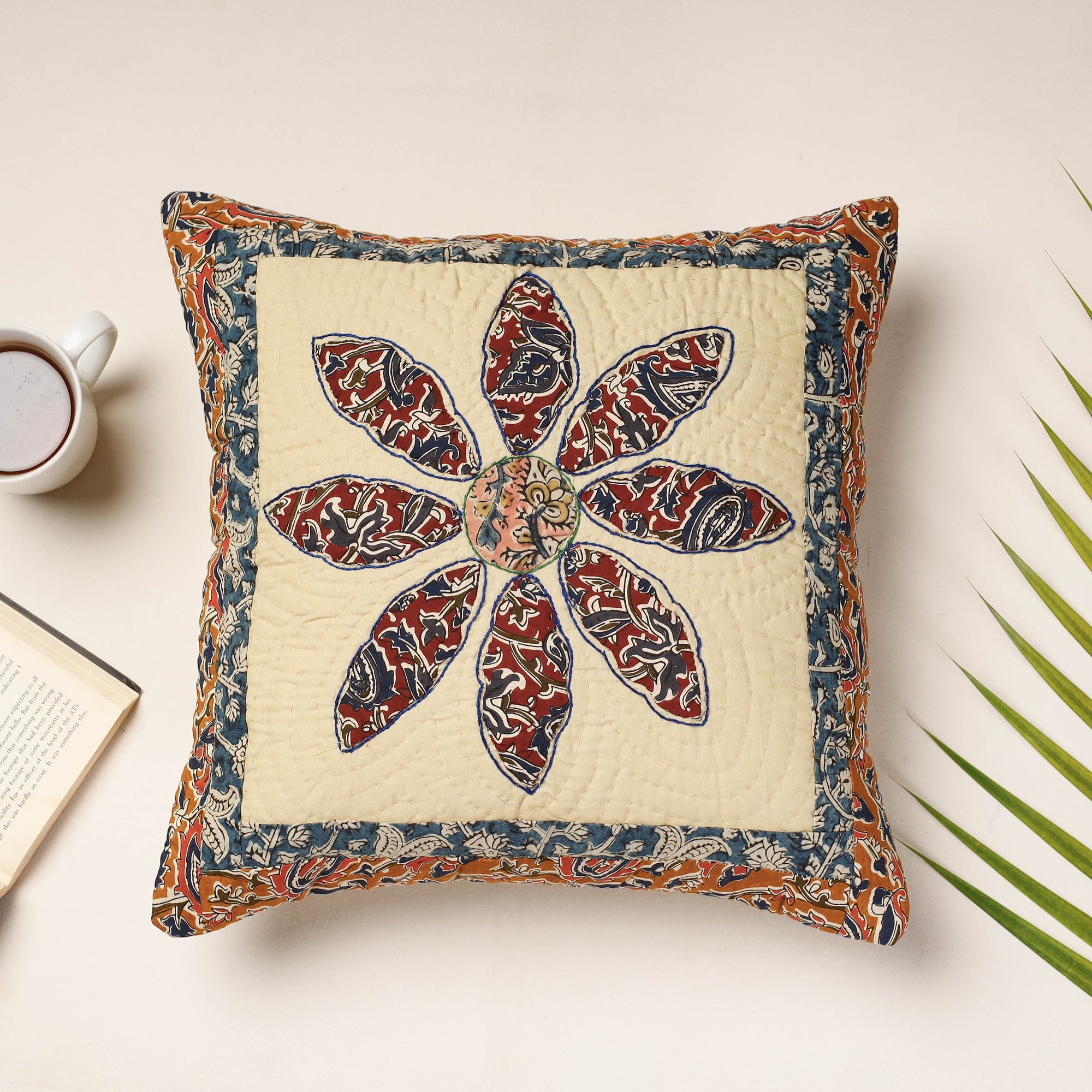 PURKAL STREE SHAKTI SAMITI Beige - Applique Quilted Cotton Cushion Cover (16 x 16 in)