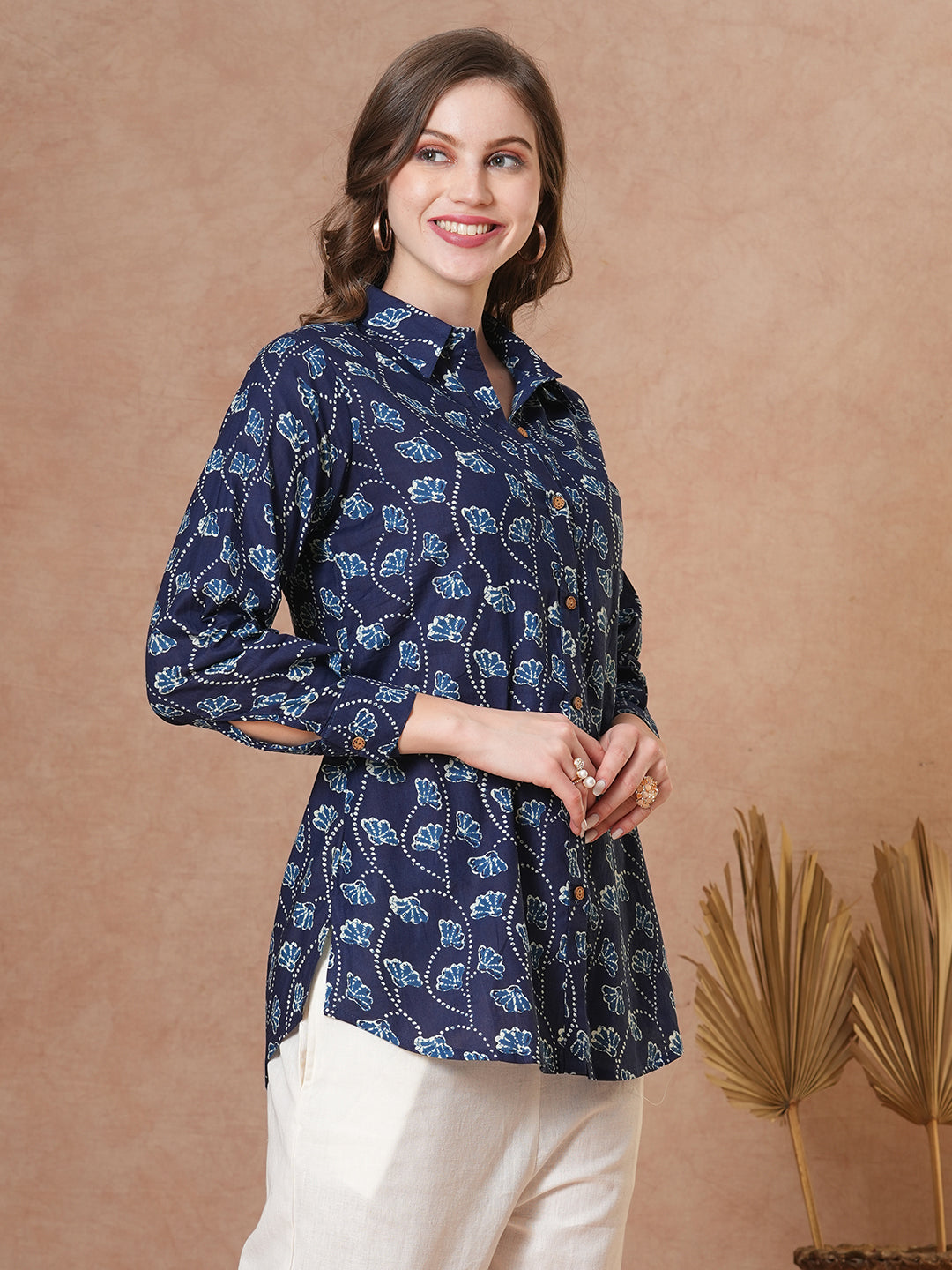 FASHOR Ethnic Floral Printed Straight Fit Shirt with Palazzo - Blue - view 5