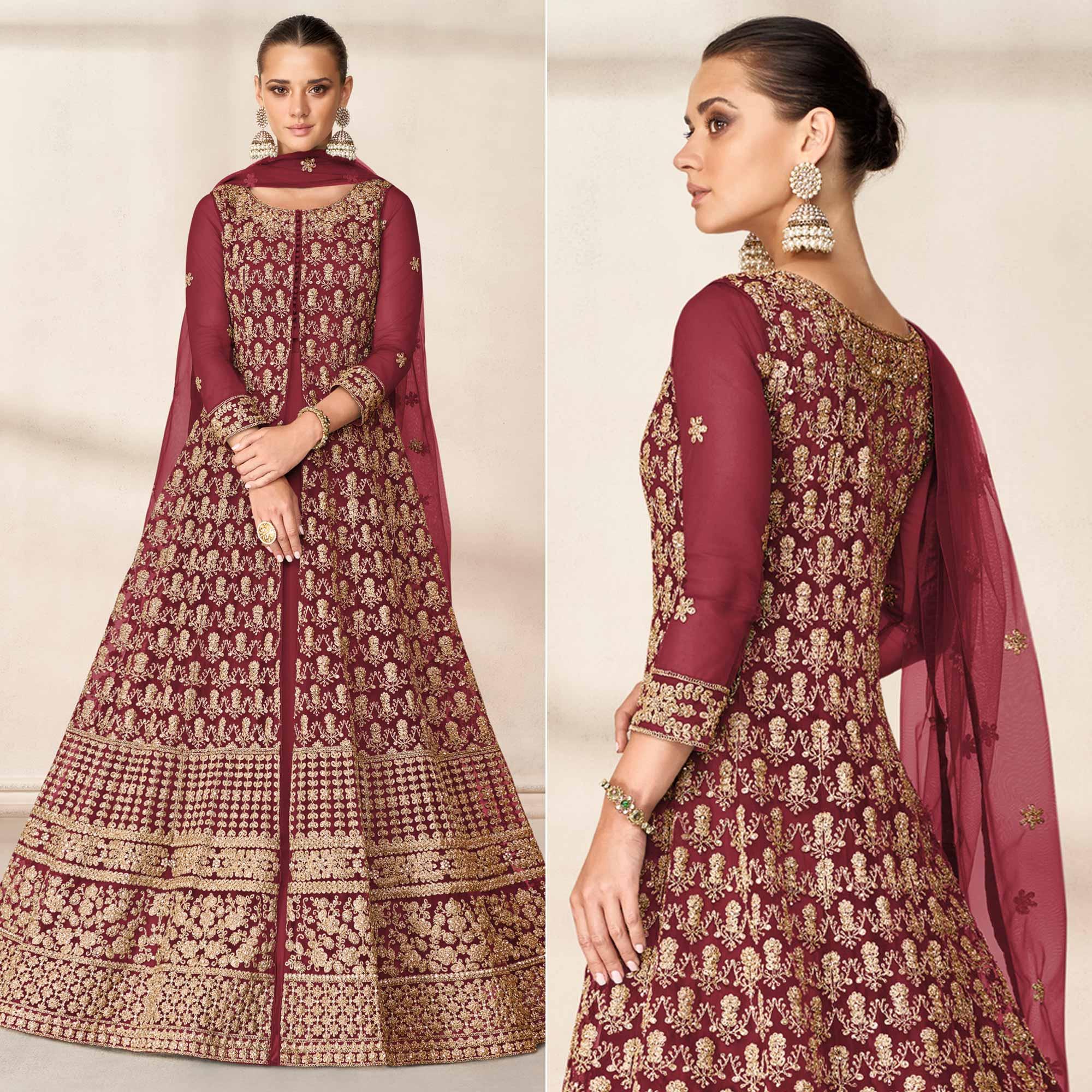 Peachmode Seller Maroon Floral Embroidered Net Anarkali Style Gown