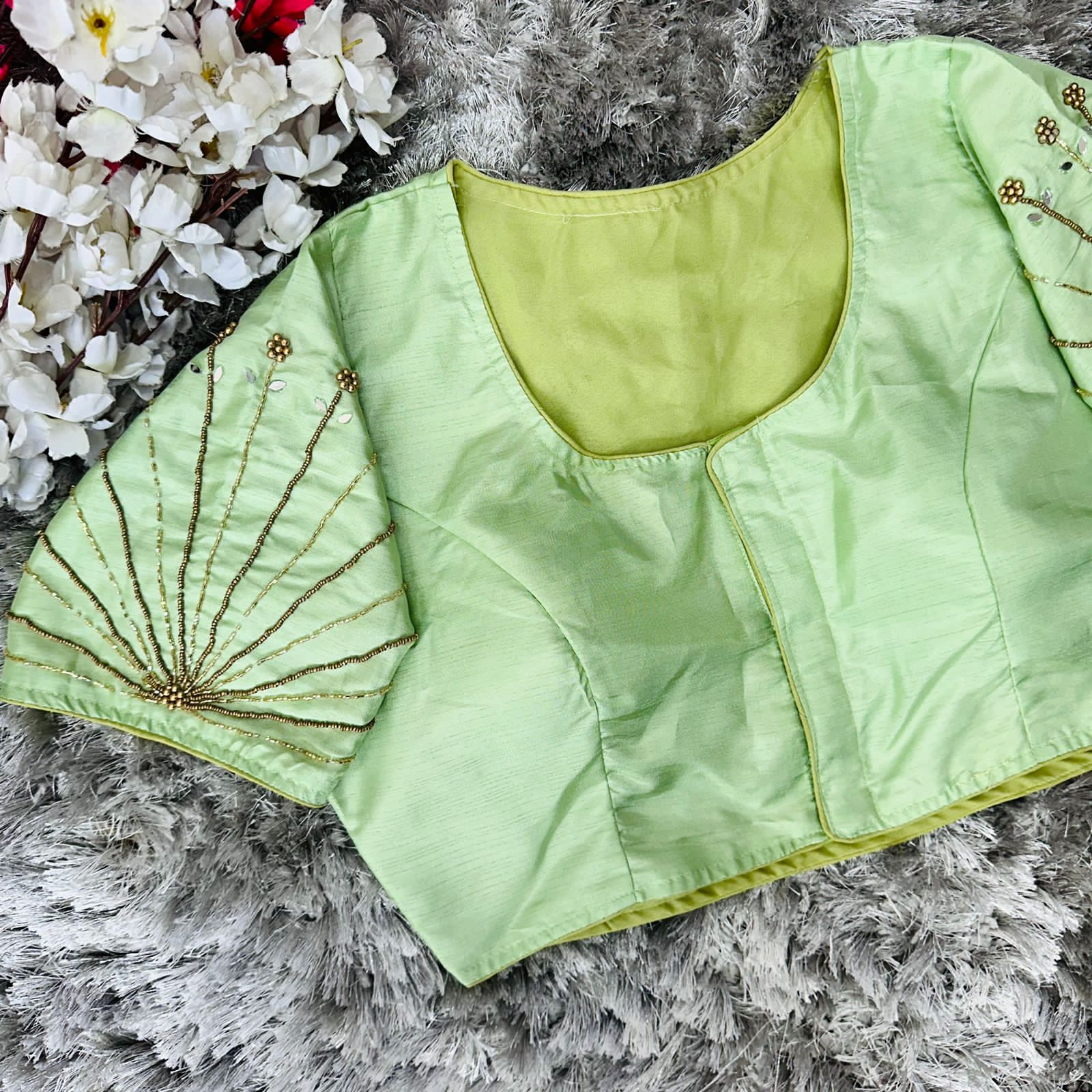 ClothsVilla Light Green Handcrafted tumtum silk Golden Blouse with Ambla Mirror Accents