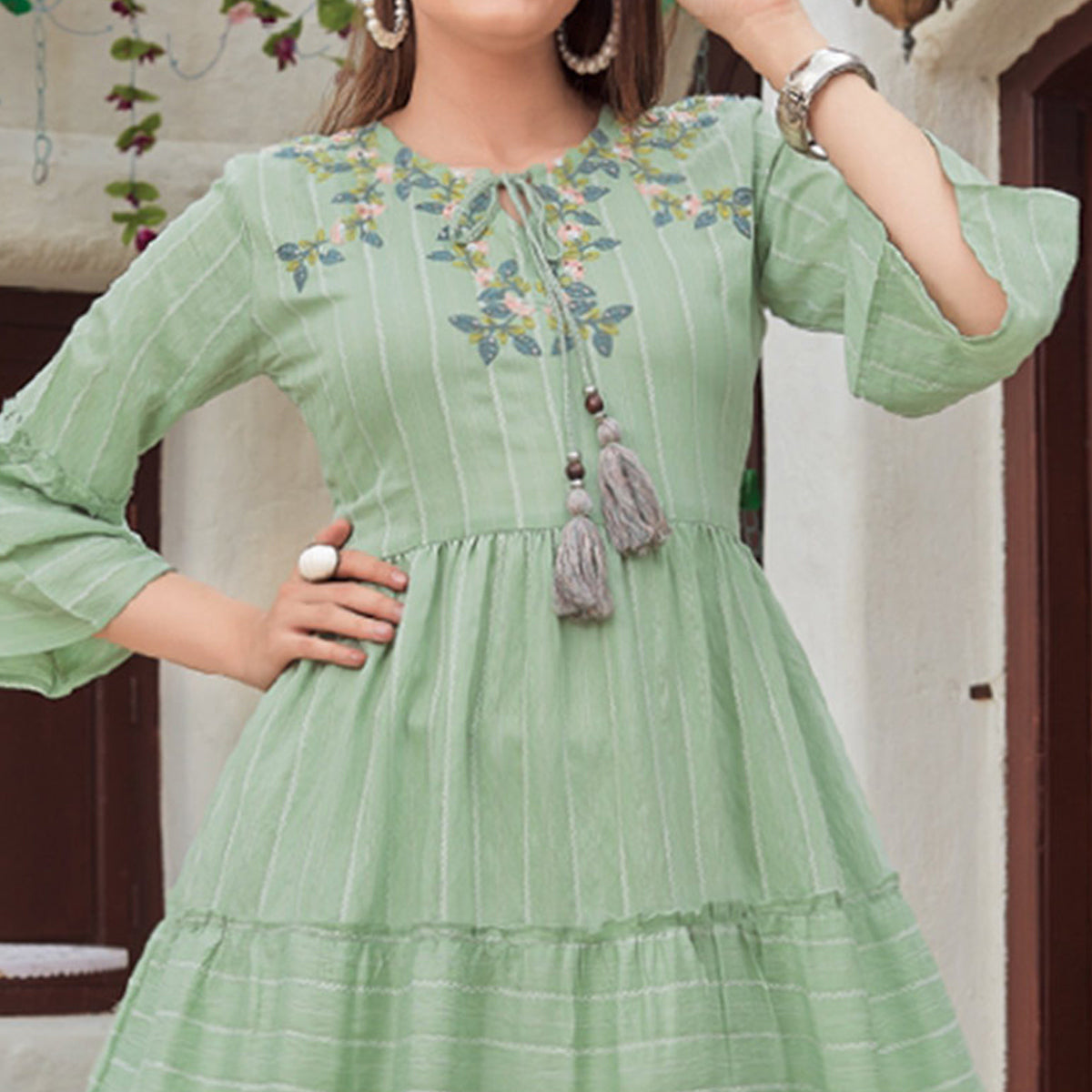 BlackTree green-floral-embroidered-rayon-dress - view 3