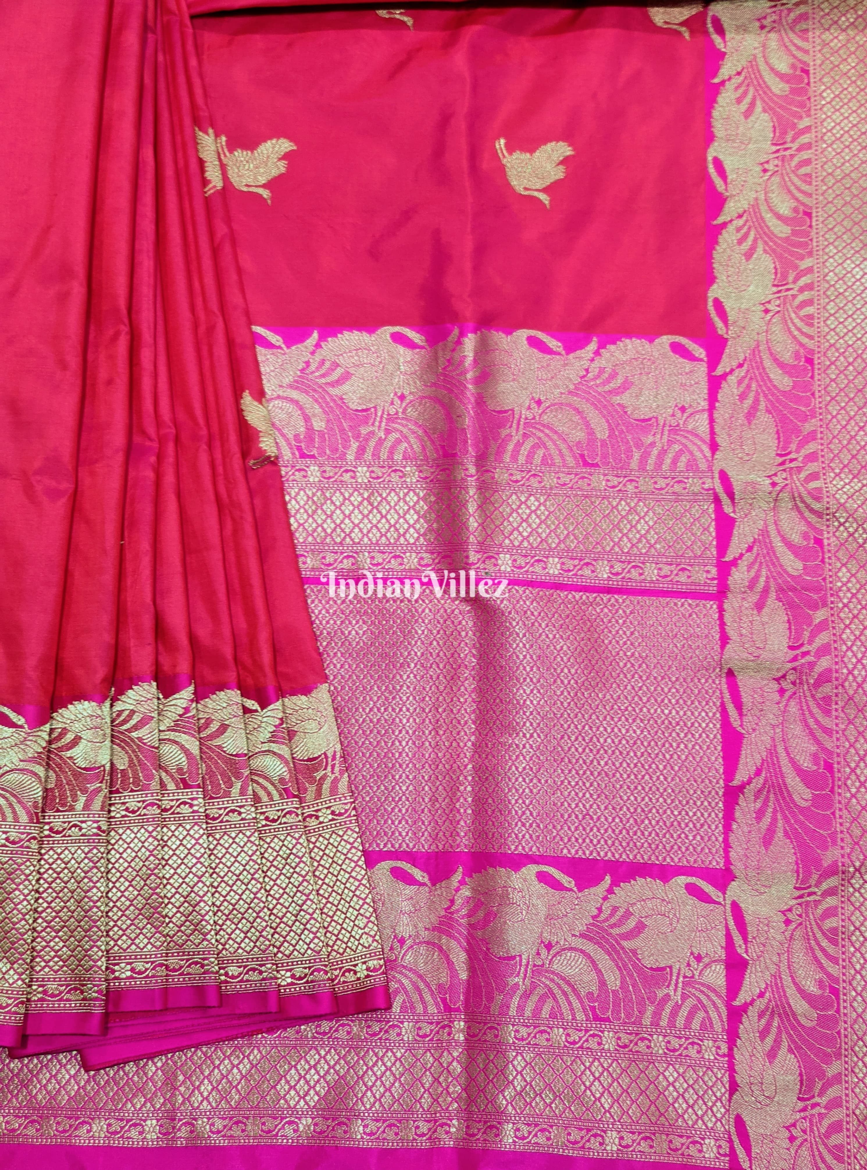 IndianVillèz Rani Pink Handwoven Banarasi Katan Silk Saree