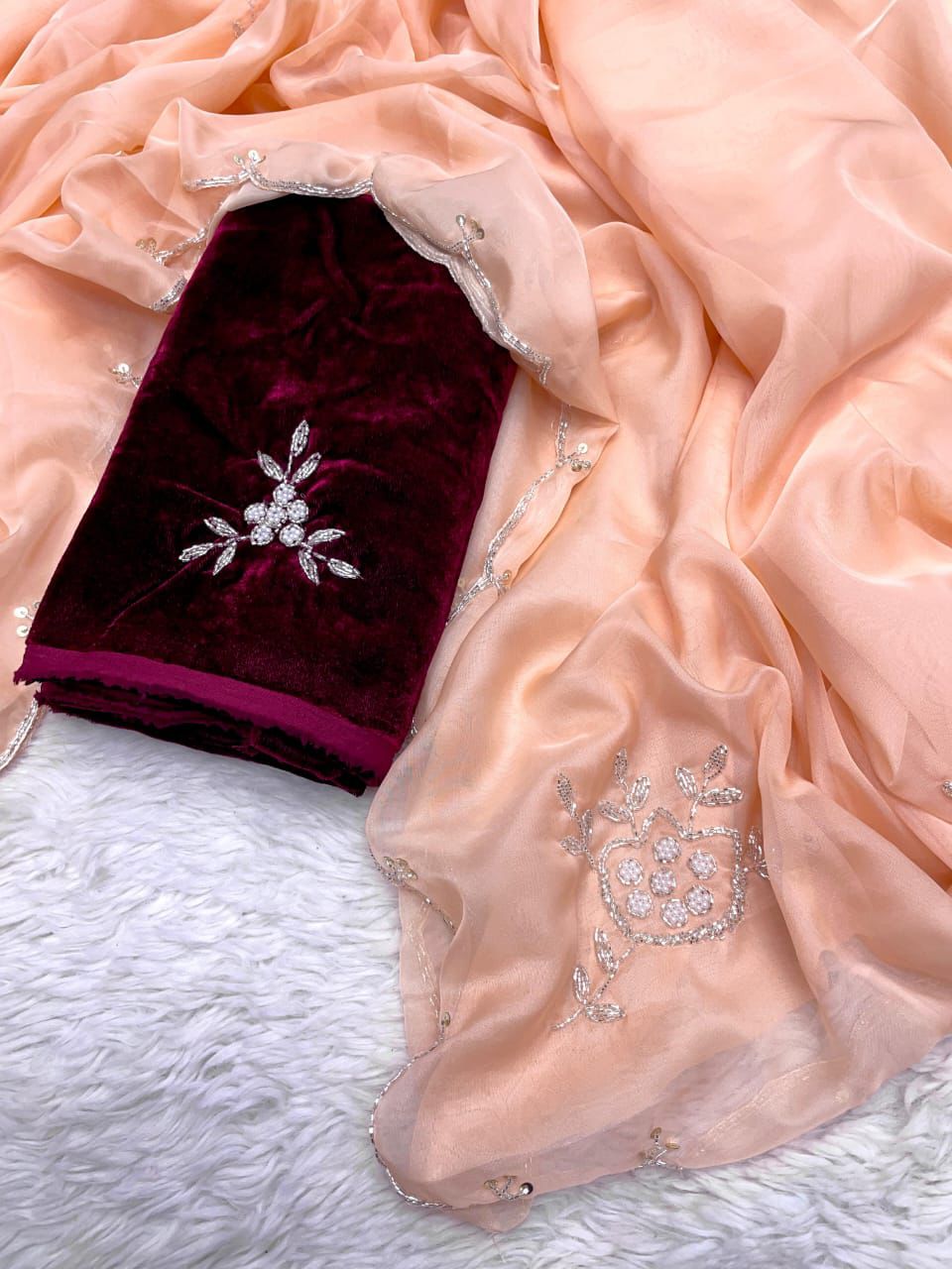 ClothsVilla Orange Soft Organza Saree with Exquisite Handwork & Velvet Silk Blouse