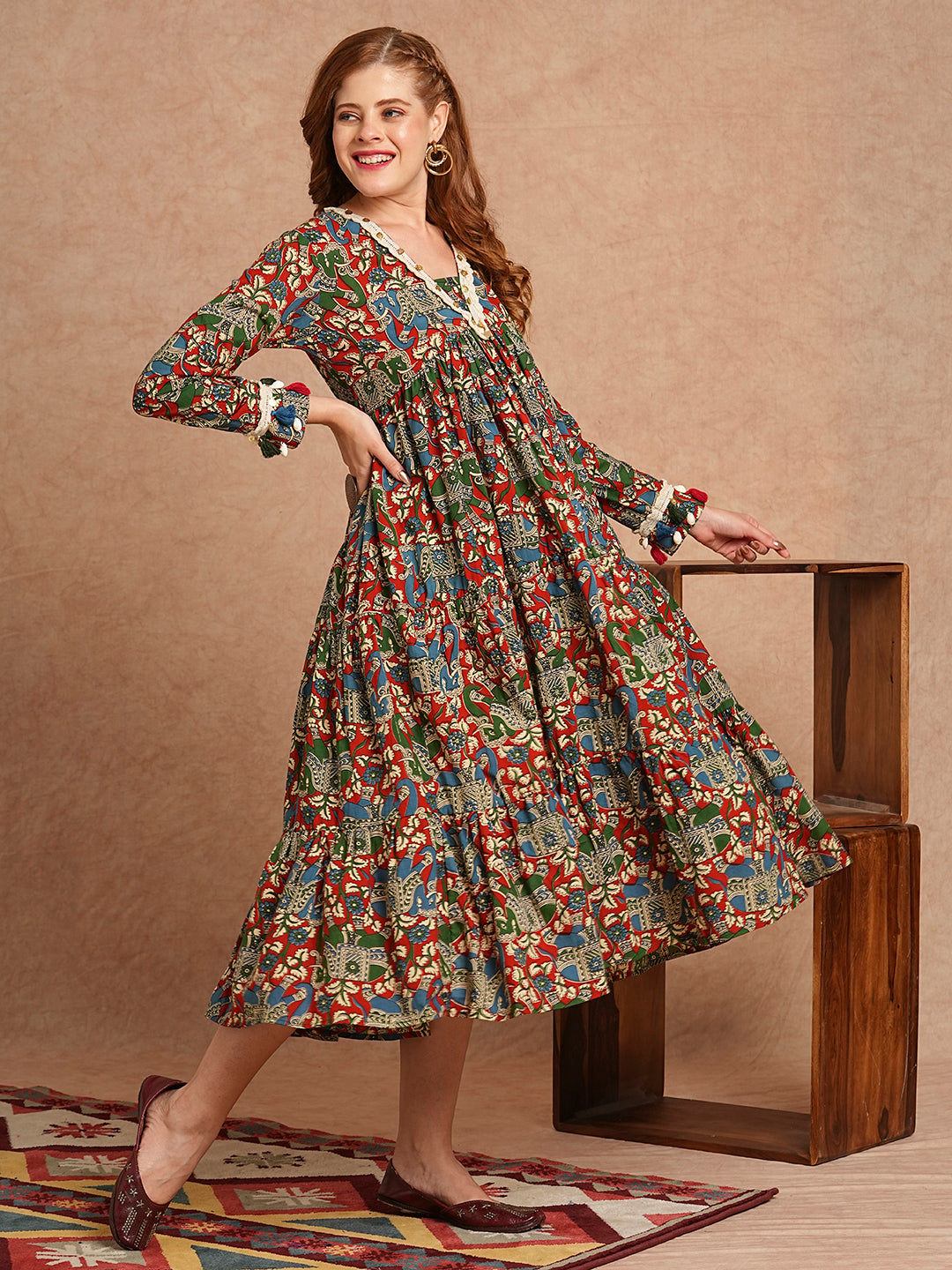FASHOR Ethnic Animal Printed Embroidered A-Line Pleated Tiered Flared Midi Dress - Multi - view 5