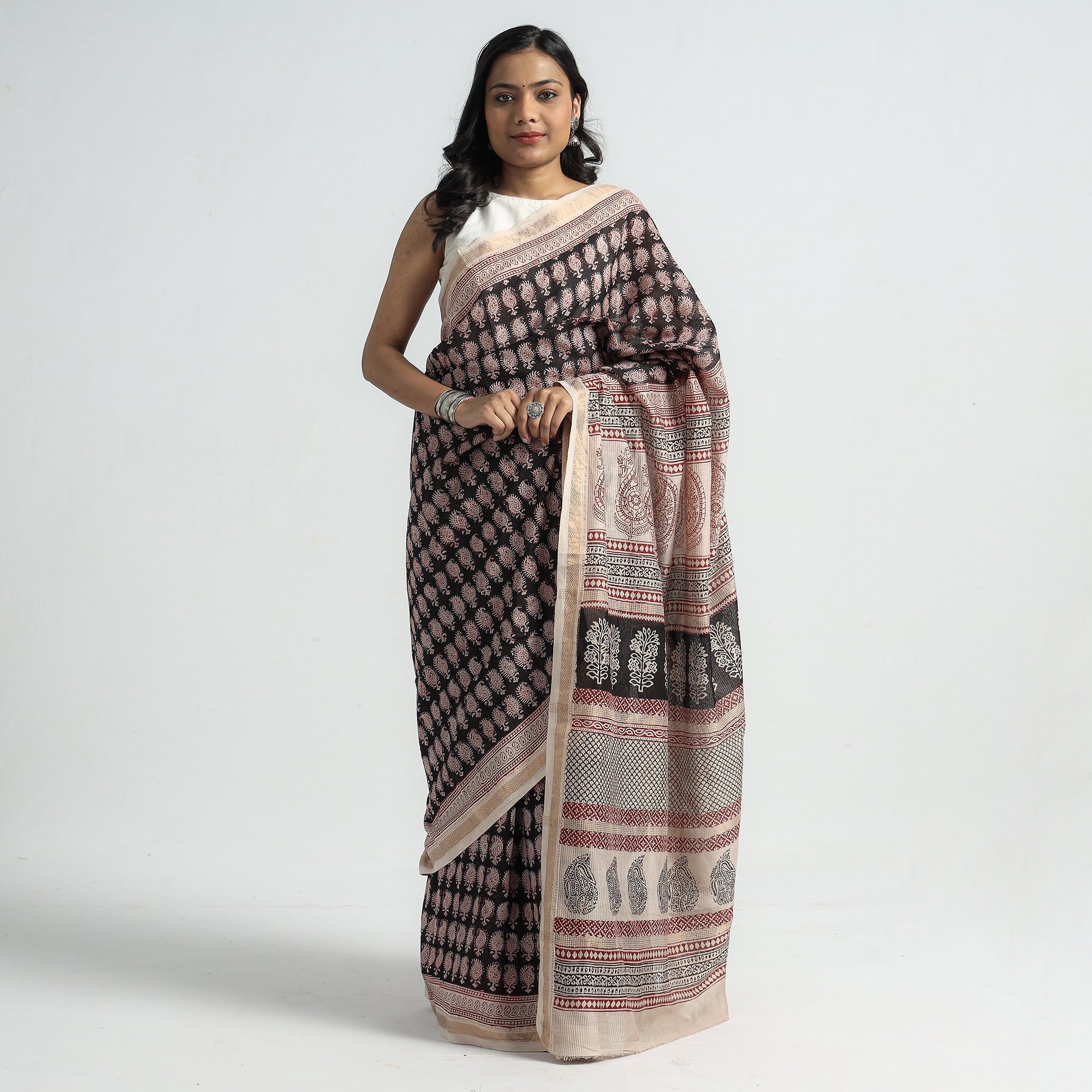 BAGH PRINTS BY MOHAMMED BILAL KHATRI Black - Bagh Hand Block Printed Natural Dyed Maheshwari Silk Saree