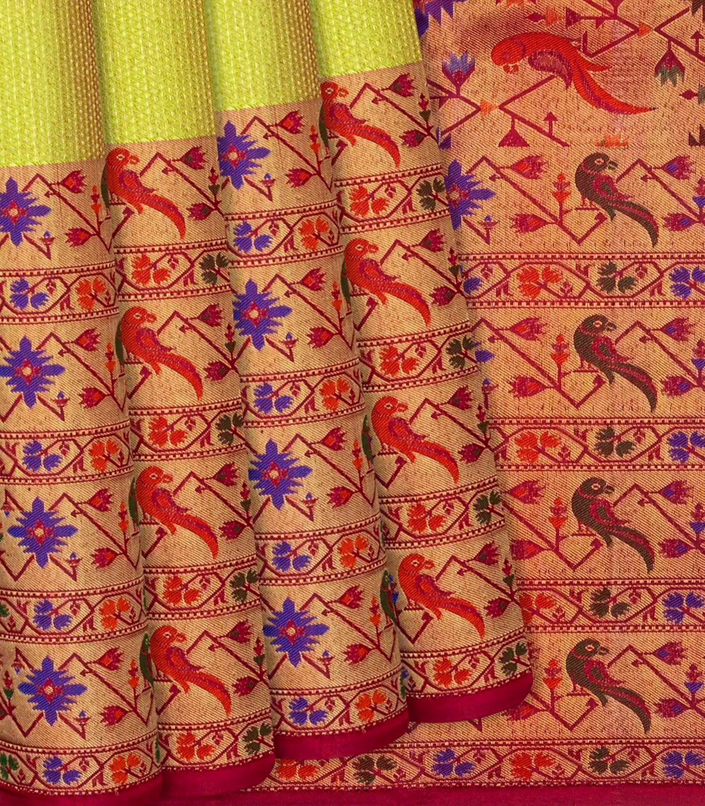 RmKV Golden Handloom Kanchipuram Silk Saree With Meena Parrot Motifs-Gold