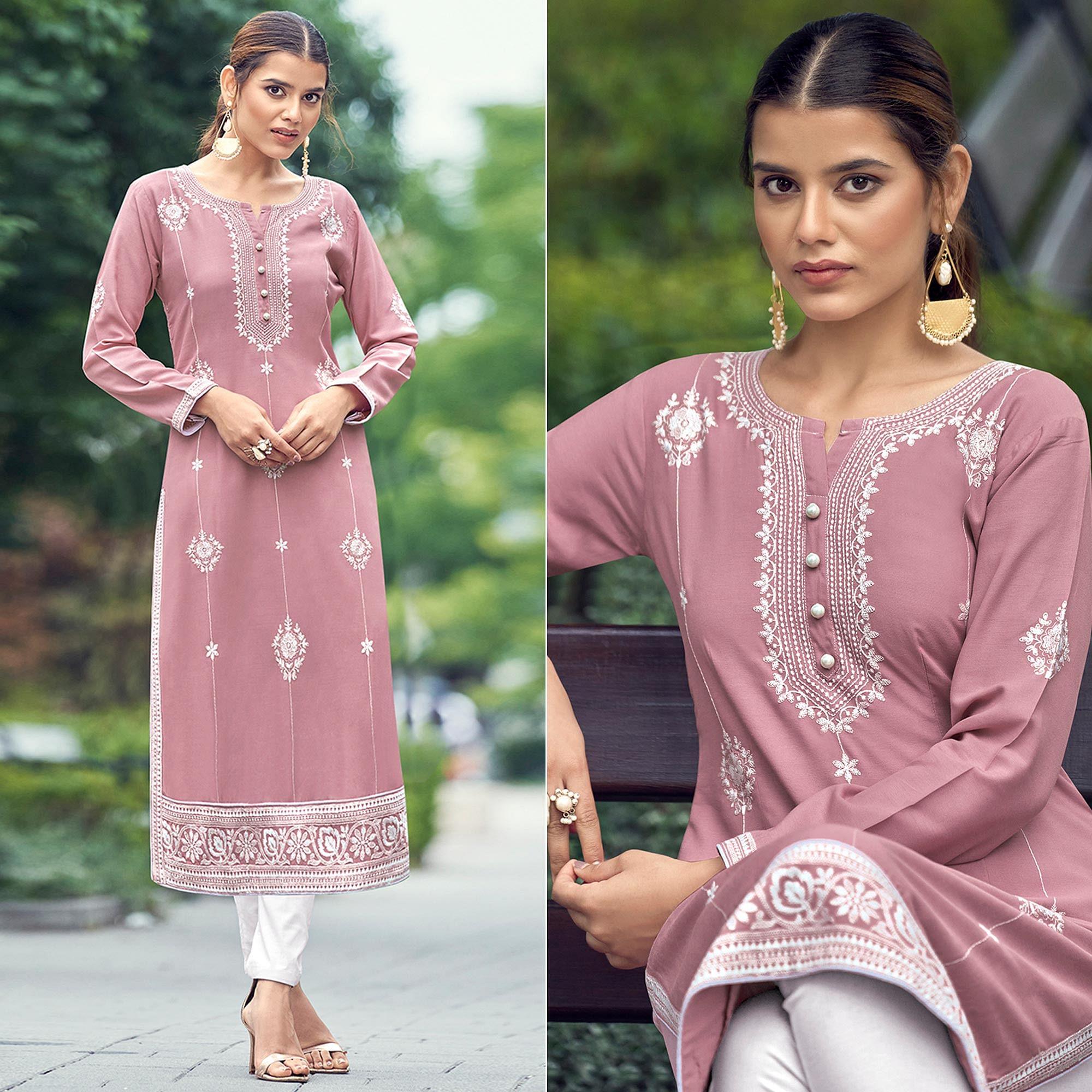 Peachmode Seller Light Pink Lakhnawi Work Rayon Kurti