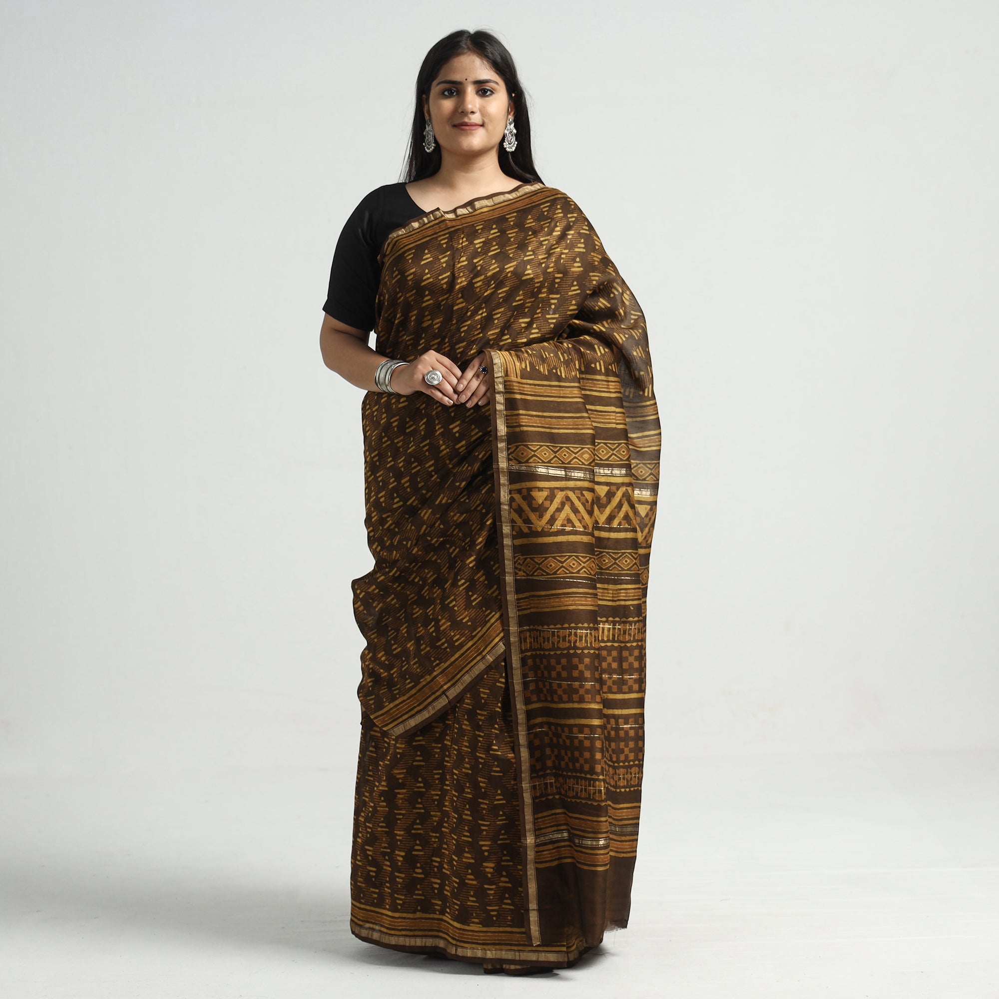 HAVELI CHRONICLES Brown - Akola Hand Block Printed Chanderi Silk Saree with Zari Border