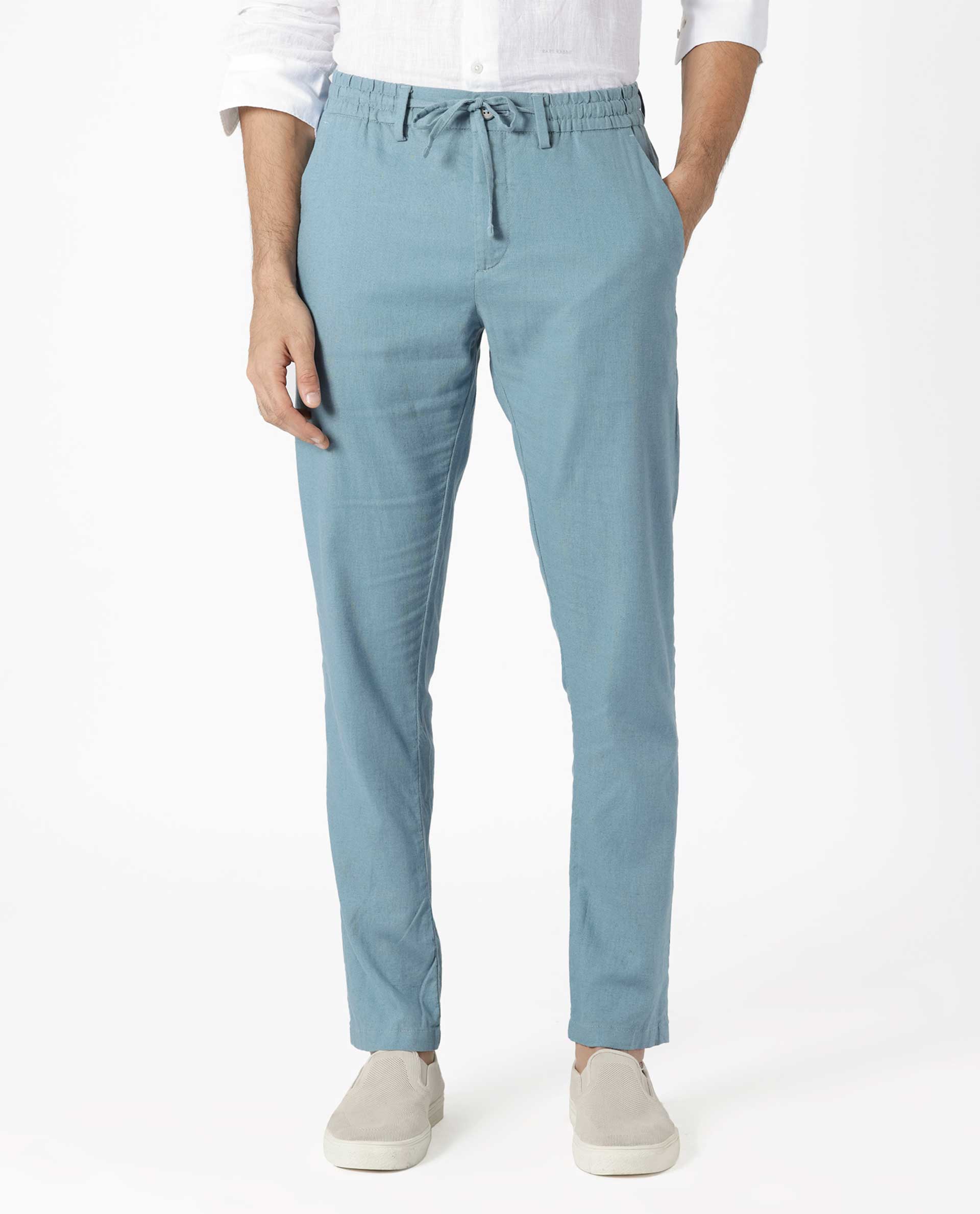 Rare Rabbit Men's Linac Dusky Blue Solid Drawstring With Elastic Waistband Regular Fit Linen Trouser - view 2