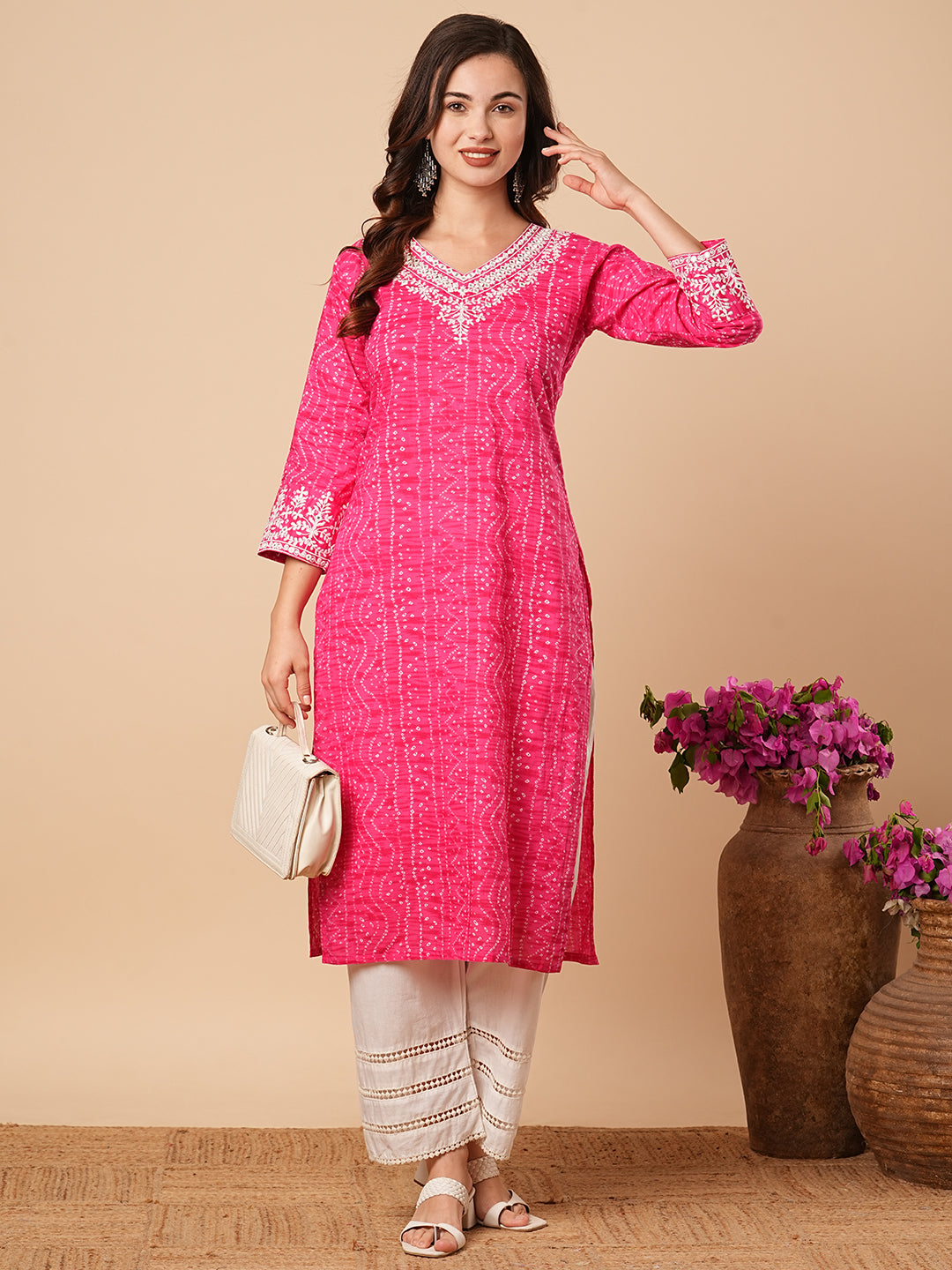 Fashor Bandhani Printed Ethnic Embroidered Straight Fit Kurta - Pink - view 2