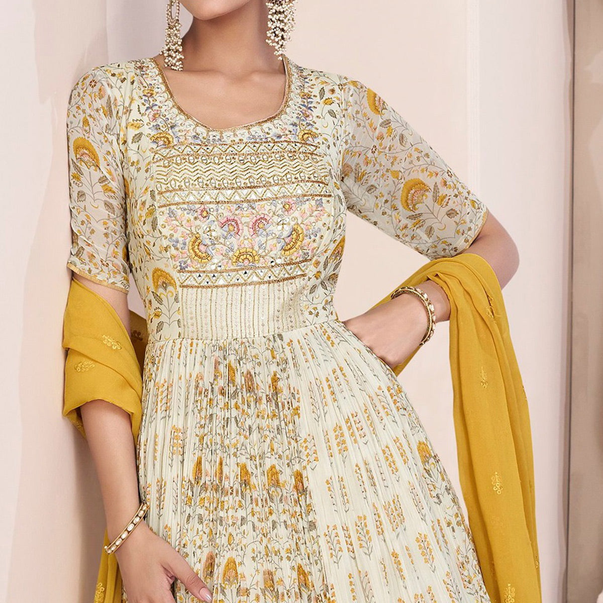 Peachmode Cream Embroidered With Printed Georgette Semi Stitched Anarkali Suit - view 3