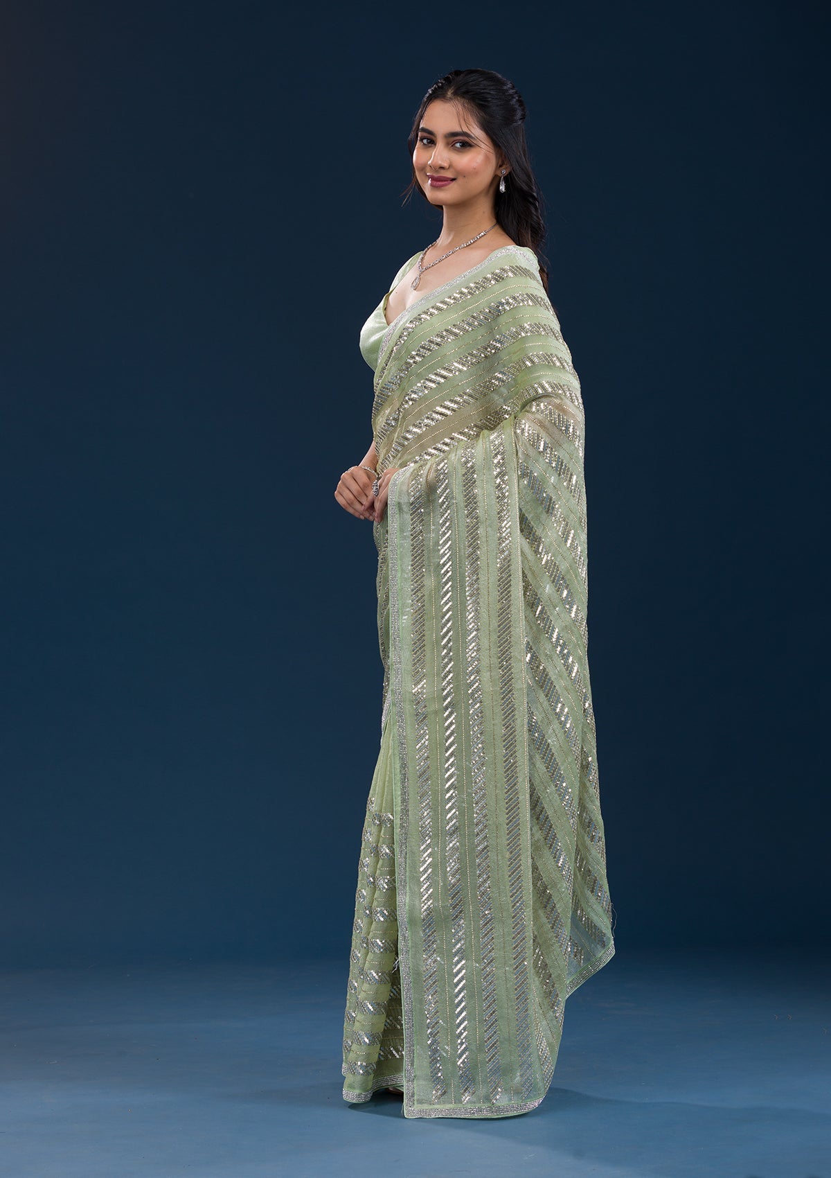Koskii Pista Green Zariwork Semi Crepe Saree – Women's - view 3