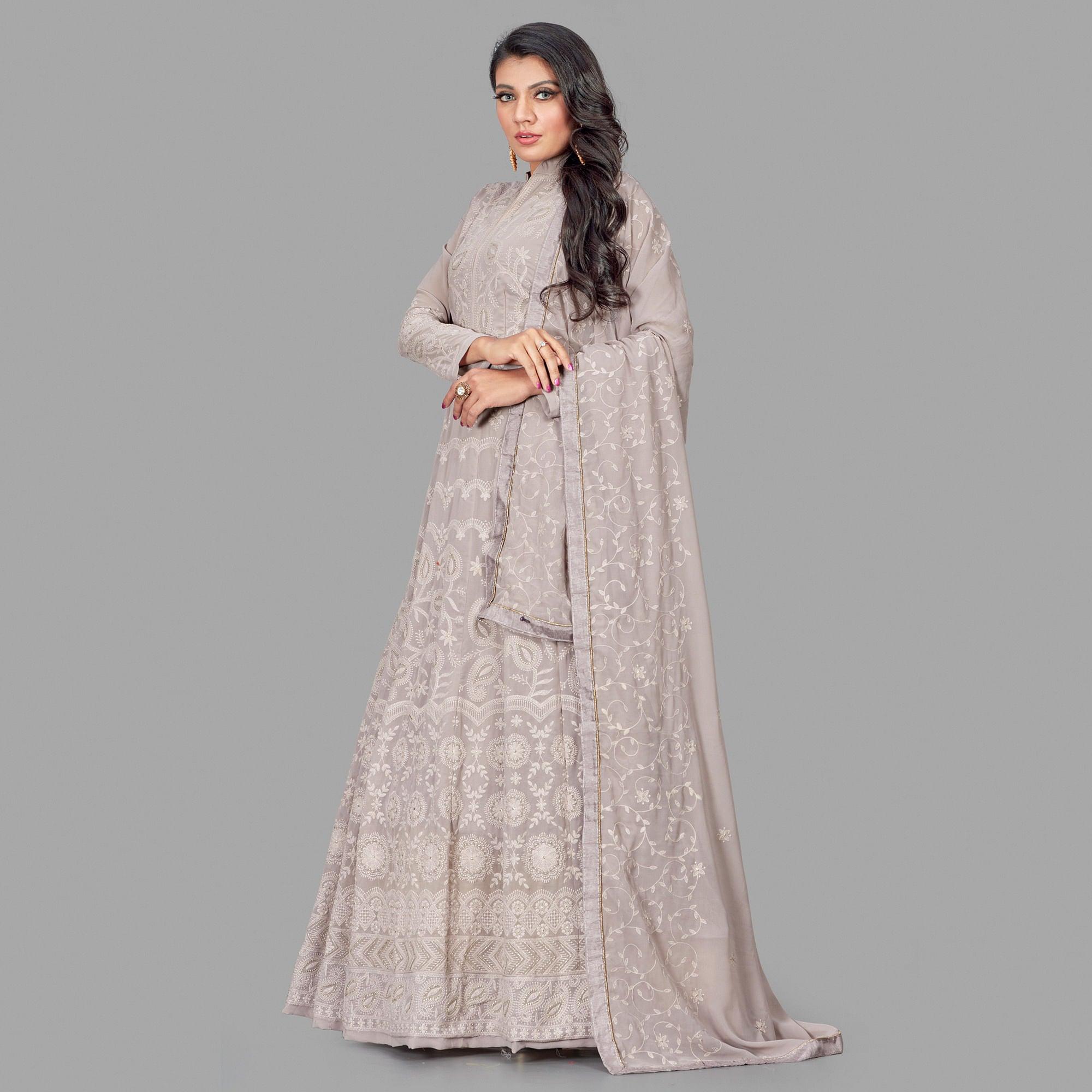 Peachmode Jazzy Grey Colored Party Wear Embroidered Heavy Faux Georgette Anarkali Suit - view 4