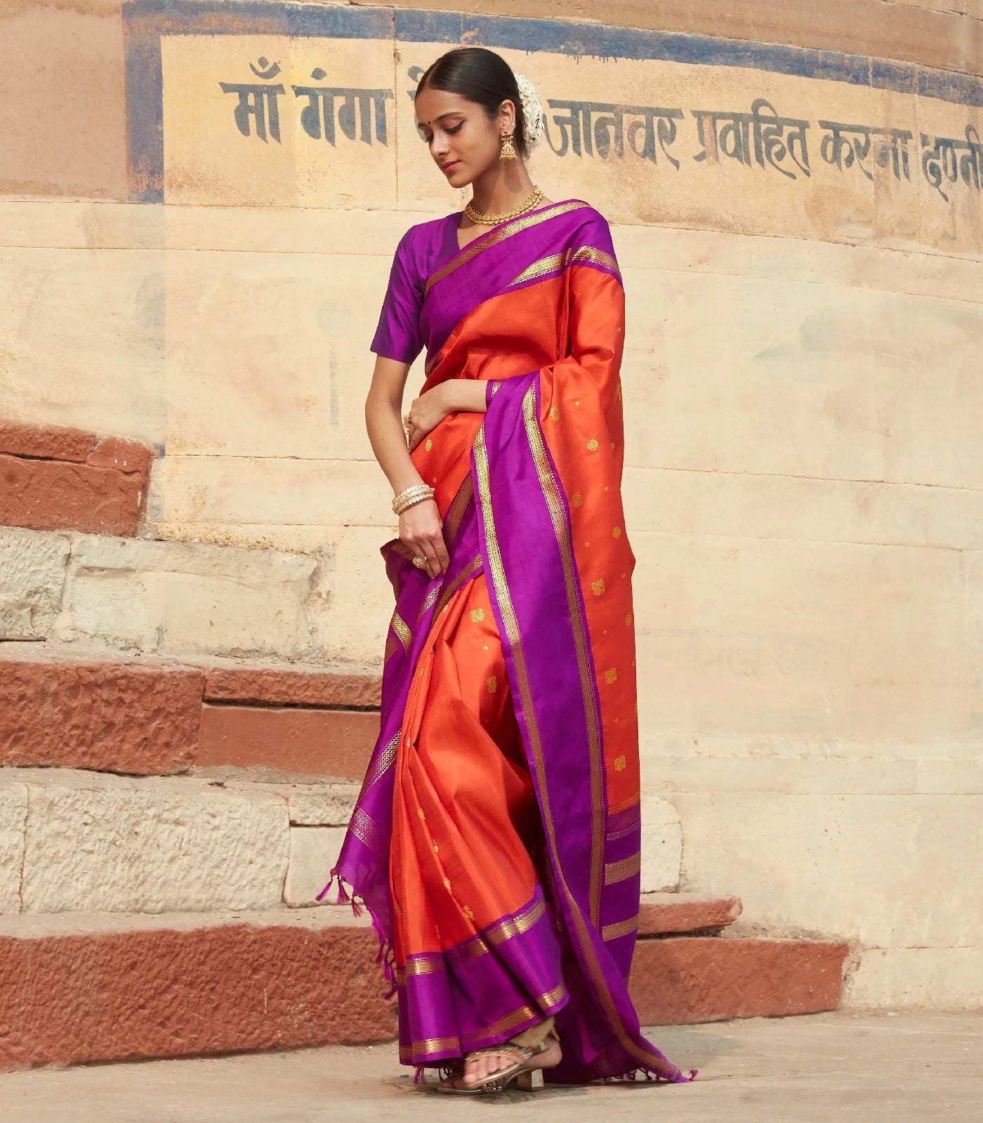 RmKV Orange Handloom Kanchipuram Korvai Silk Saree With Annam Buttas - view 2