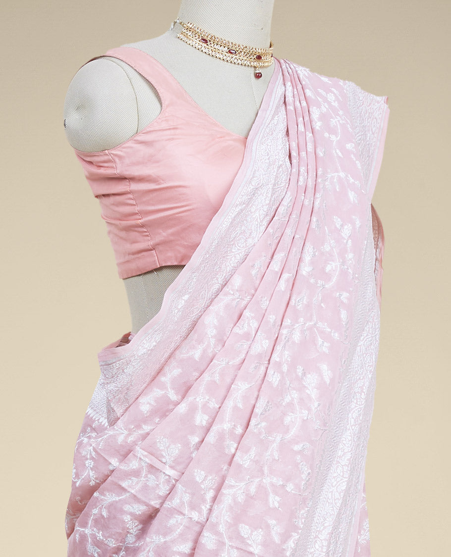 Pothys Pink floral vine design banaras georgette saree with self inticate zari border