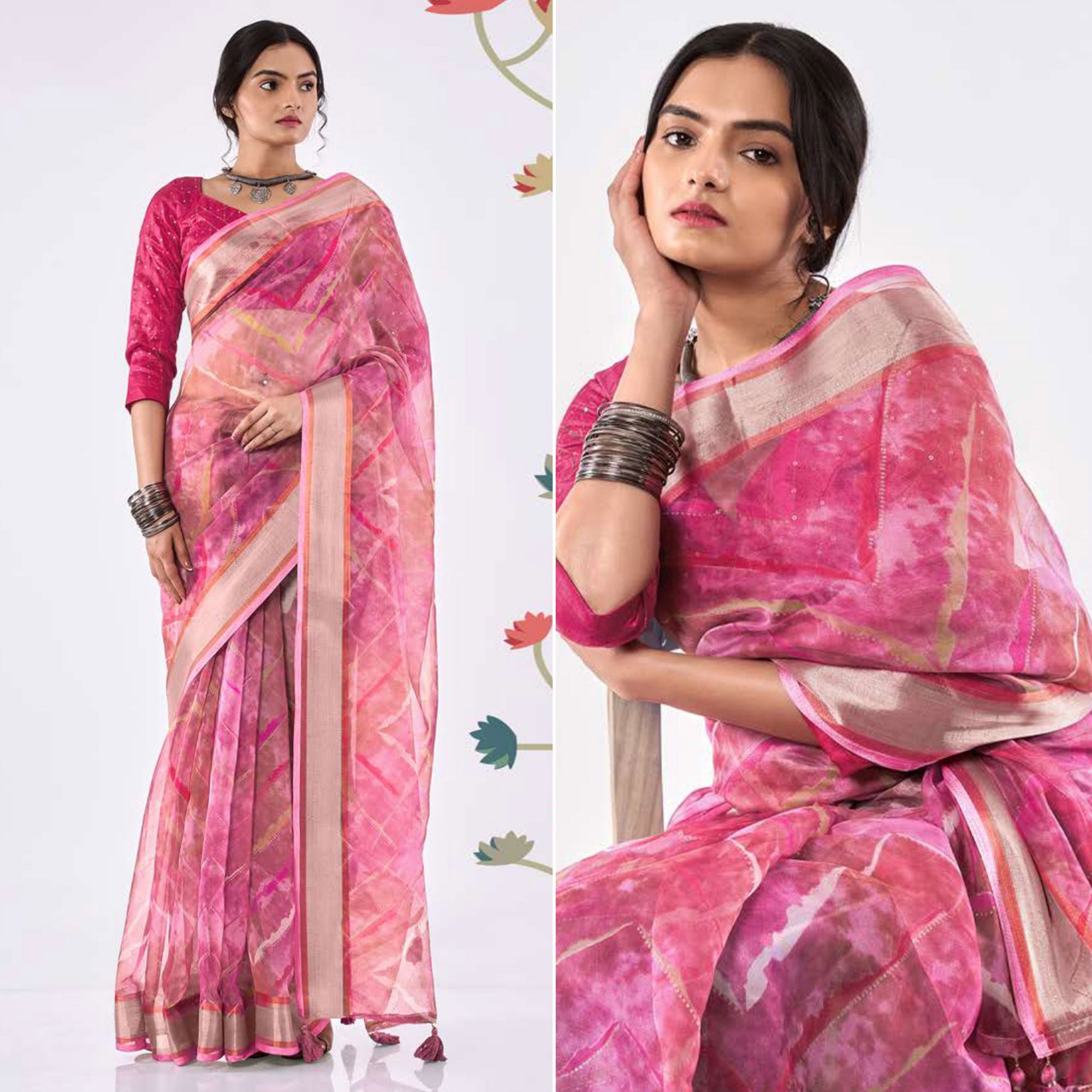 Peachmode Magenta Purple Printed Organza Saree With Woven Border