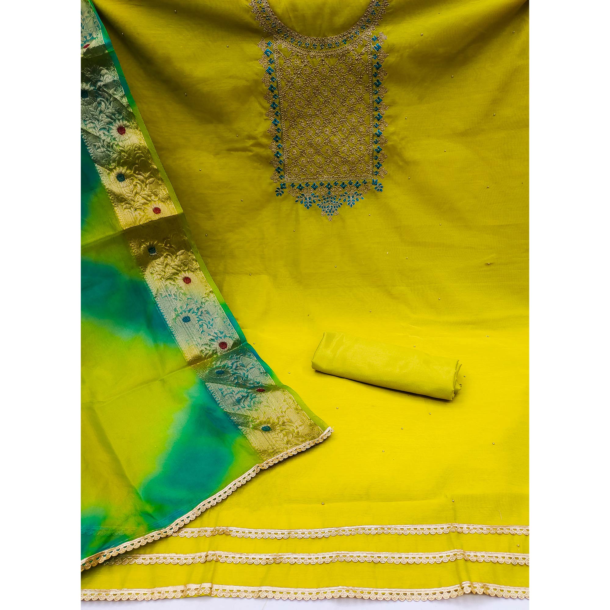 Peachmode Lemon Green Embroidered Modal Dress Material - view 3